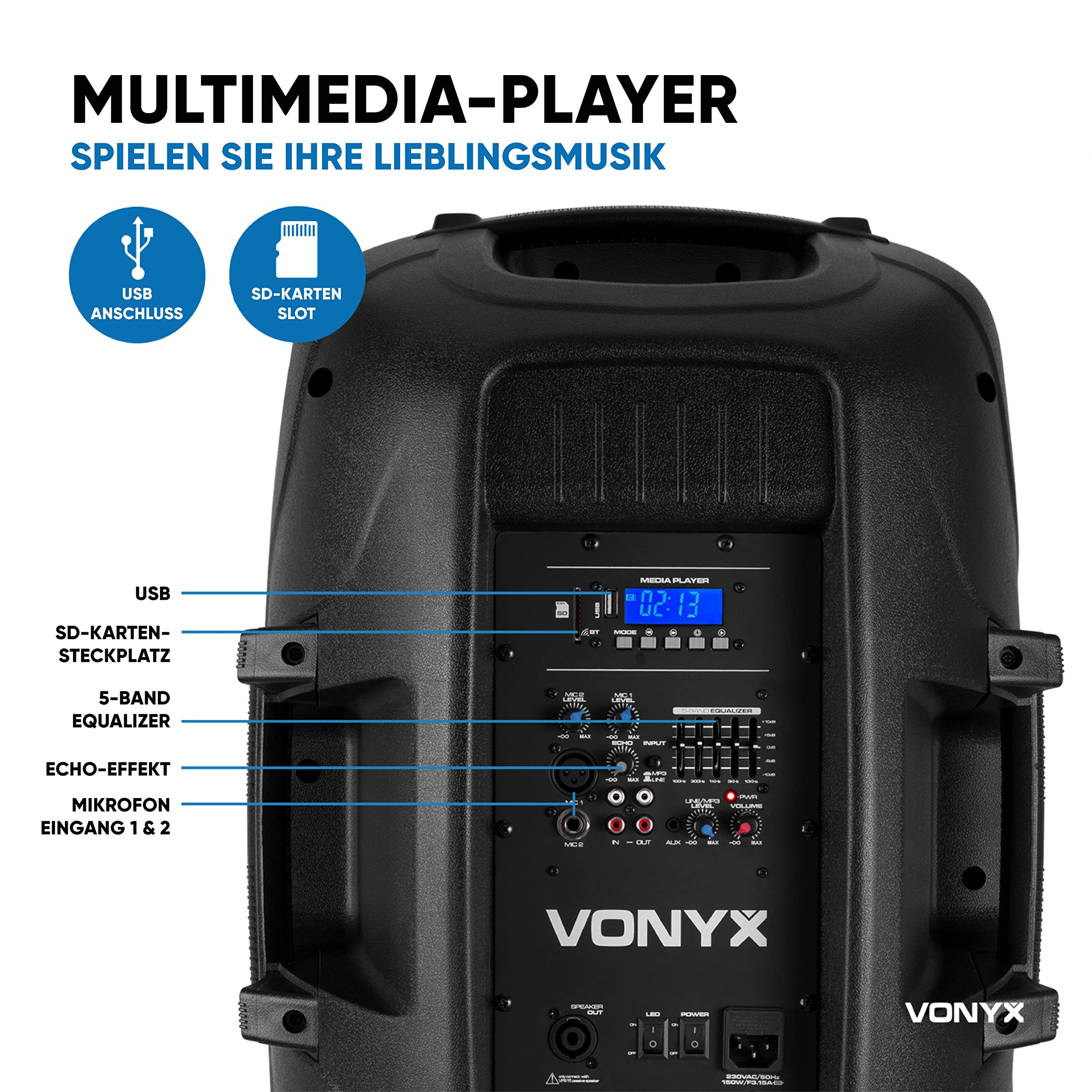 VONYX VPS152A, Aktivlautsprecher Bluetooth, PA Lautsprecher Boxen Aktiv 1000 Watt, Ständer, 2X Kabelloses Mikrofon, PA Anlage Komplettset, 15 Zoll, USB, MP3, DJ Boxen, DJ Set Komplett, Partybox