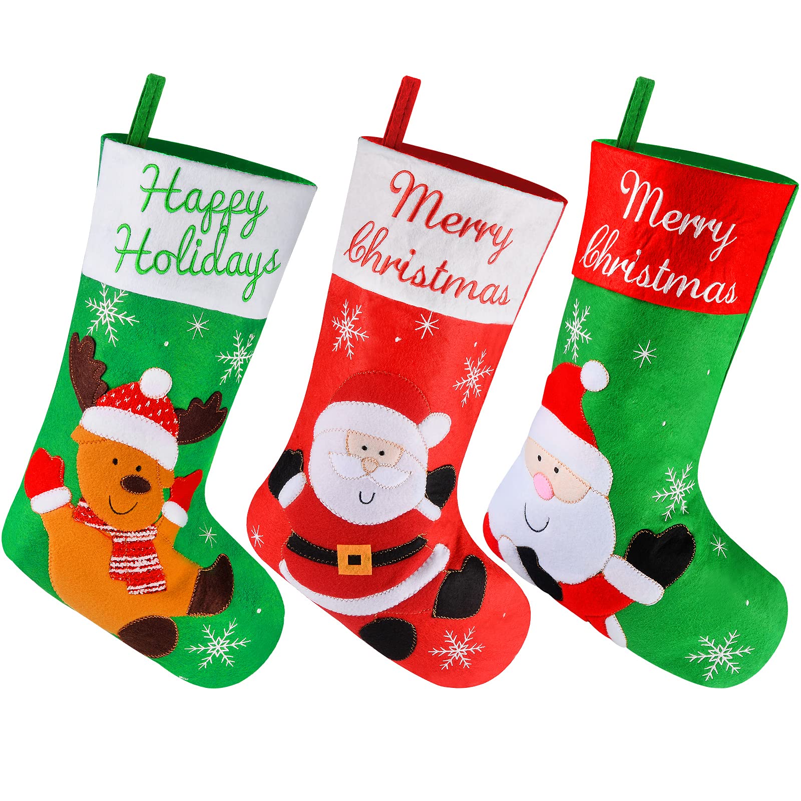 Christmas Stockings, 18-inch Xmas Sock Kit Ornaments With Santa and Reindeer Character For Kids, Indoor and Outdoor Tree Decorations Gift Supplies For 2022 New Year Eve Holiday Family Party - 3 Packs