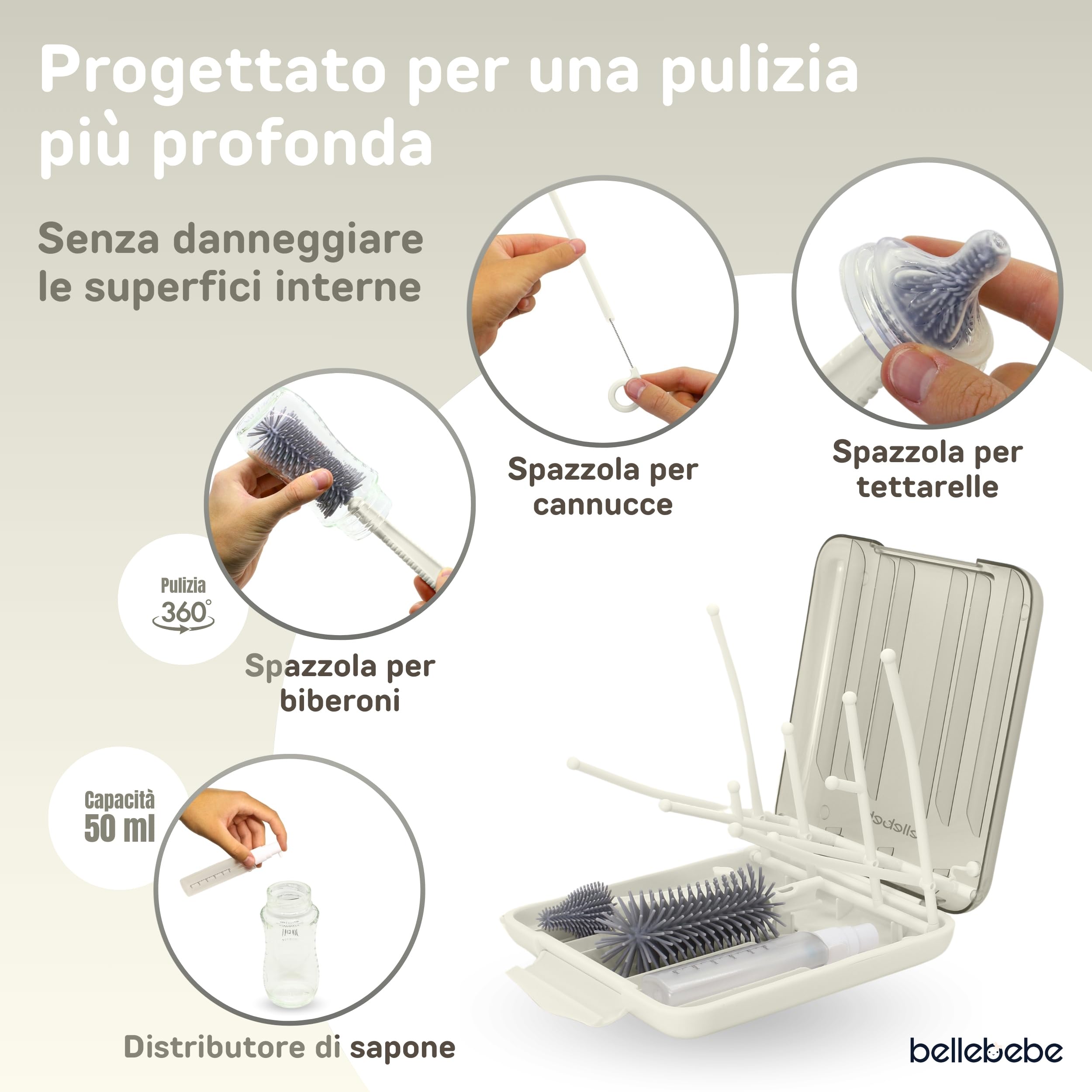 BELLEBEBE Set Escurre Biberones con Limpia Biberones - 6 en 1 Kit Cepillo con Escurre Plegable - Portátil - Transportable - Regalo para Bebé - SIN BPA - Beige