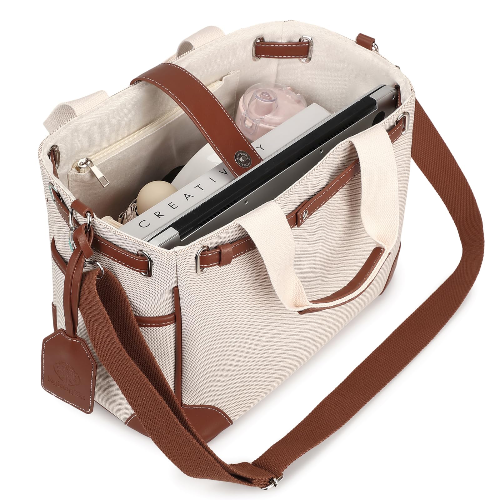 Canvas Work Tote Bag for Women, Diaper Caddy Organizer or Baby Shower Gifts | Removable and Adjustable Shoulder Strap, Stylish Nursery Storage Basket, Baby Registry Must Have, Newborn Essentials khaki & brown No interior pouch