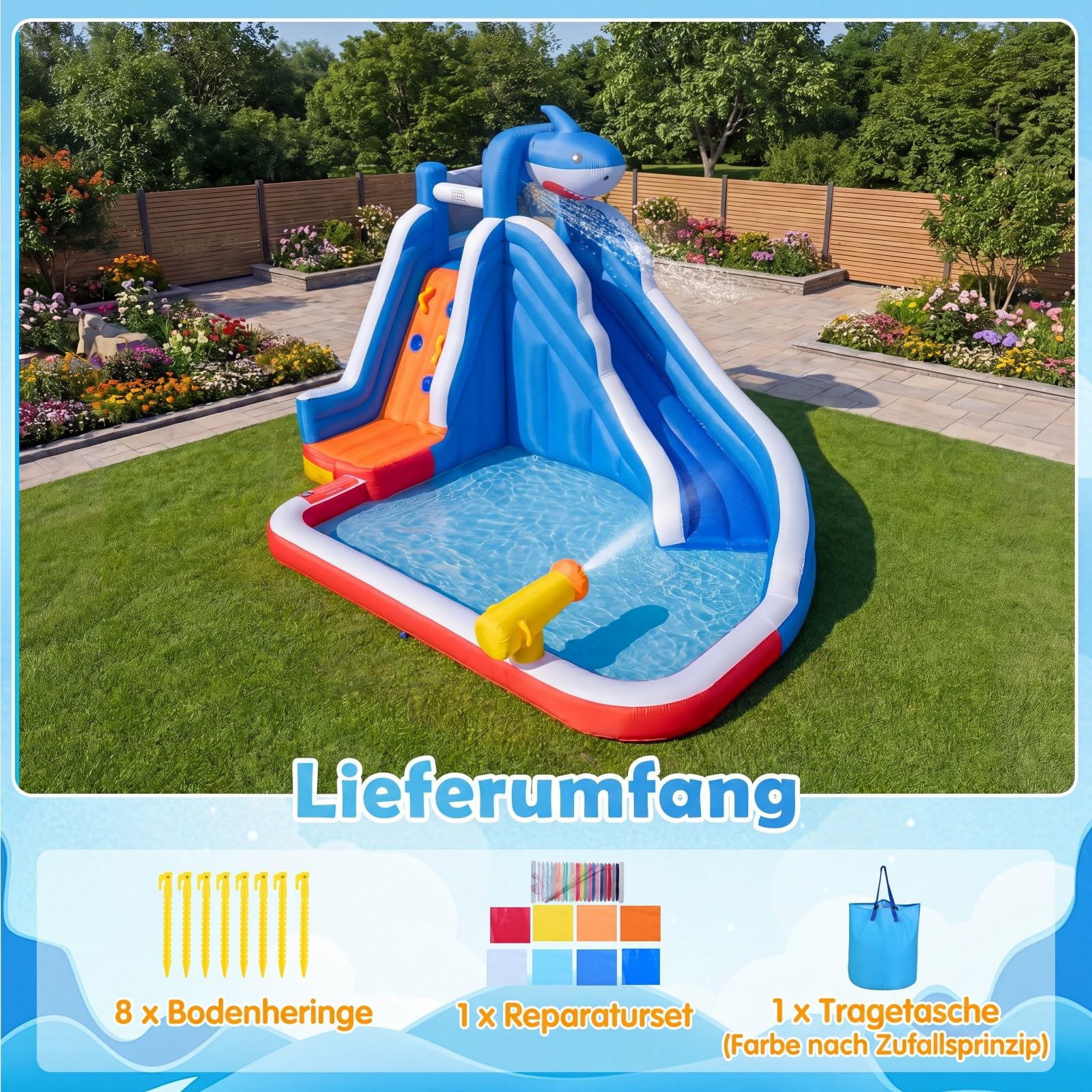 COSTWAY Hüpfburg mit Wasserrutsche, Kletterwand, Wasserkanone & Planschbecken, Wasserhüpfburg für Kinder, Wasserpark für Außenbereich, 401 x 307 x 255 cm