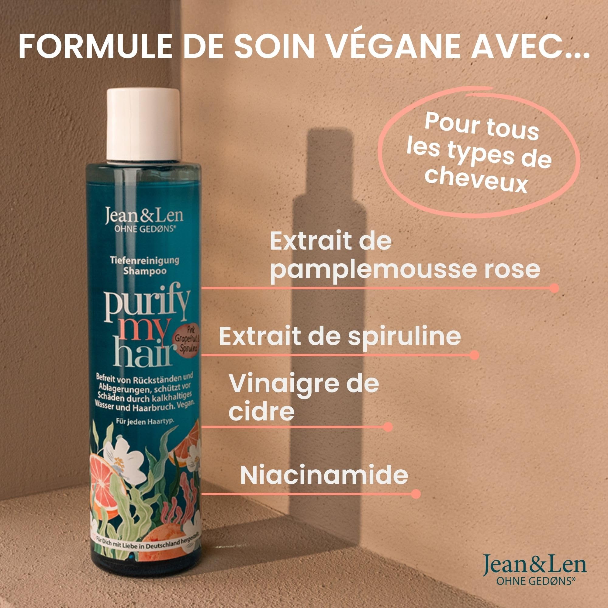 Jean & Len Shampooing Pamplemousse Rose & Spiruline, nettoie cheveux & cuir chevelu en profondeur, élimine sébum & résidus, protège de la casse, sans silicones & parabènes, végane, 300 ml