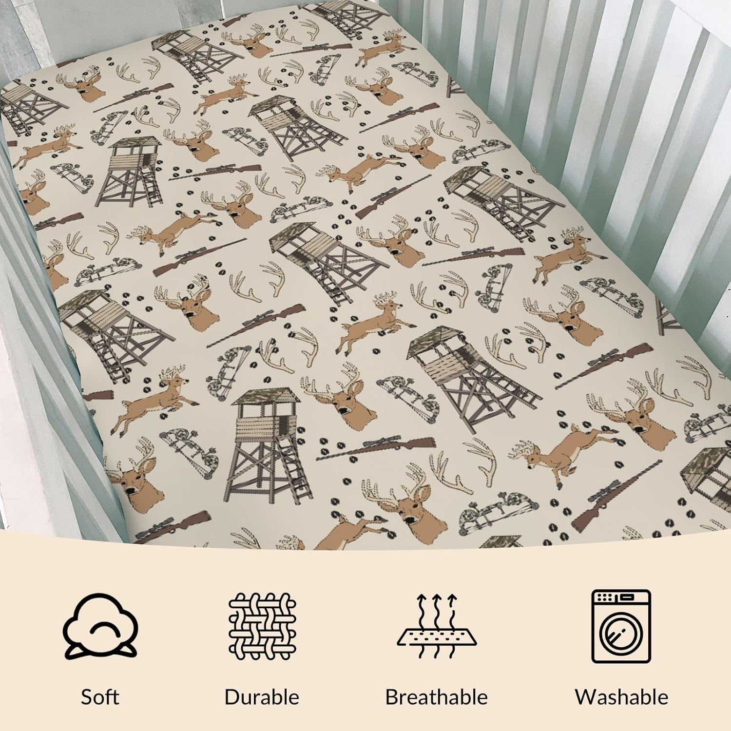 Deer Hunting Baby Crib Sheets Hunter Tree Stand Soft Breathable Baby Sheets Wild Animals Hunter Fitted Crib Mattress Cover for Standard Mattress 28x52in