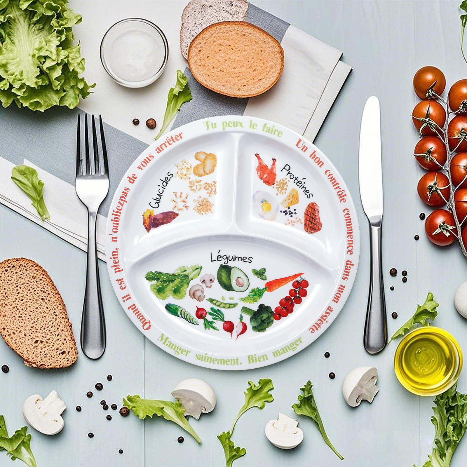 Plato de control de porciones para una dieta equilibrada, plato de alimentación saludable para adultos y adolescentes, divisiones de melamina, pérdida de peso, diabetes (texto en francés) (4)
