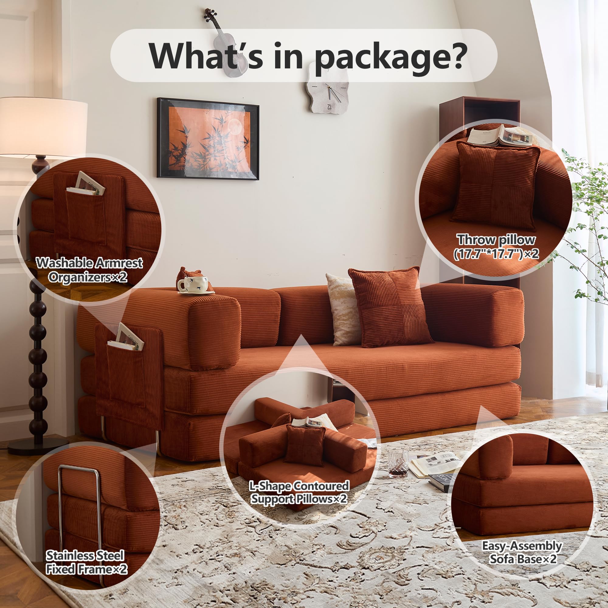 78.8" Convertible Sofa Bed - Compression Sofa with Corduroy Fabric - with Armrests and Backrest - Modular Sectional for Living Room, Bedroom, Studio - Compression Sofa in Box (Grey): 98.4IN Orange