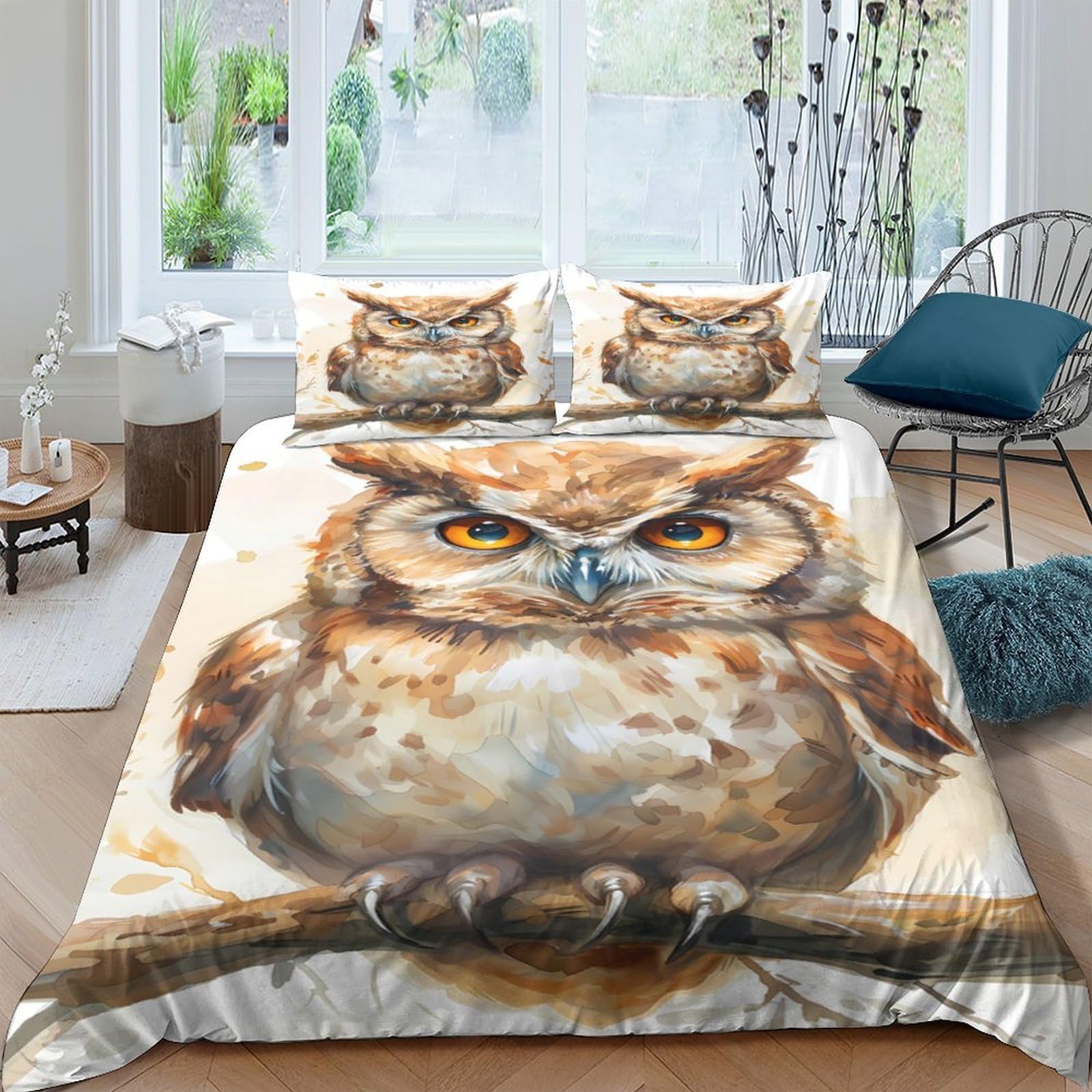 GPLZQXKJNH 3D Printed Owl Duvet Cover Microfiber Soft Breathable Forest Animal Bedding Set with 2 Pillowcases for Bedroom Decor Single（135x200cm）