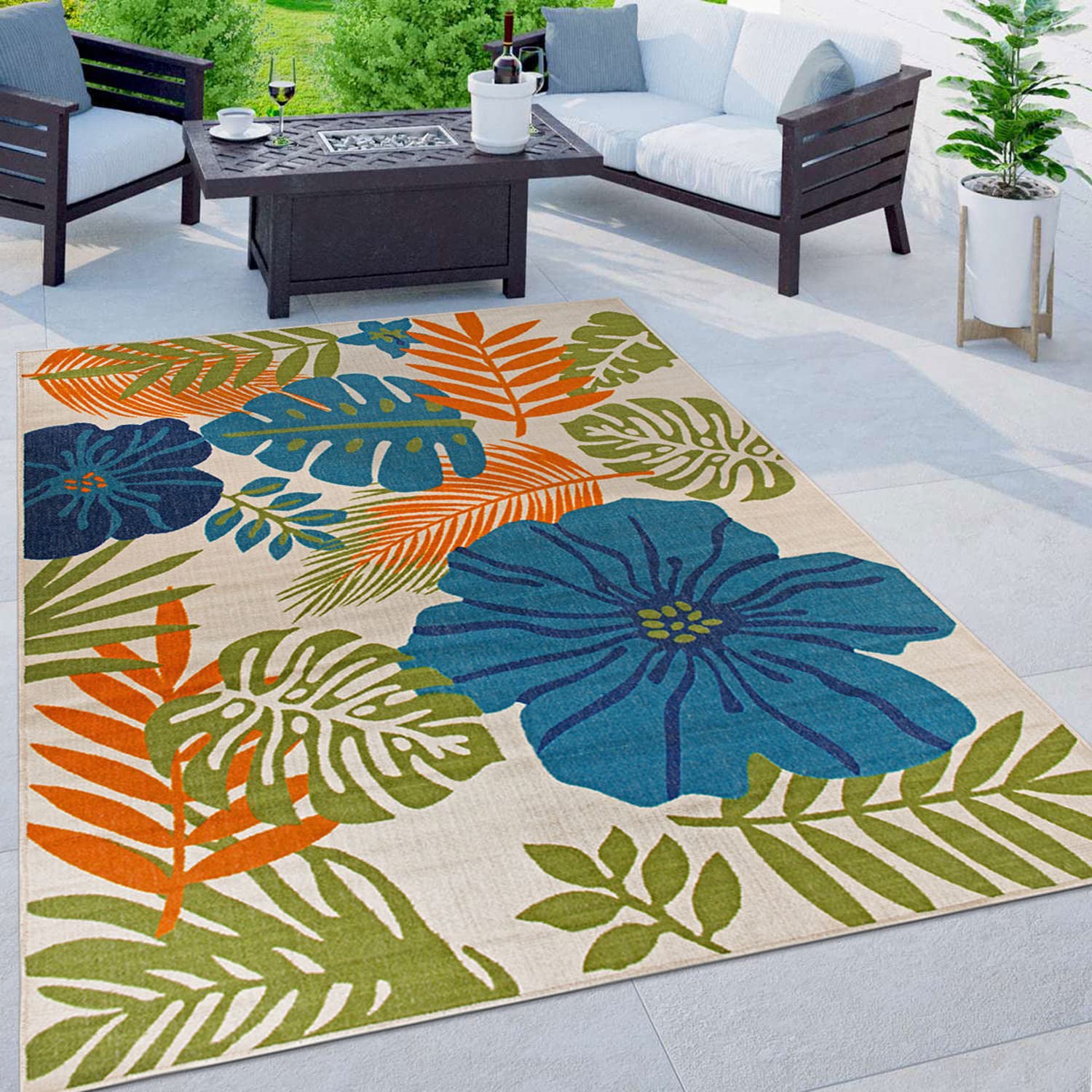 Rugshop Pianosa Tropical Floral Leaves Non-Shedding Outdoor Rugs for Deck,Patio,Backyard Indoor/Outdoor Area Rug 5' x 7' Multi