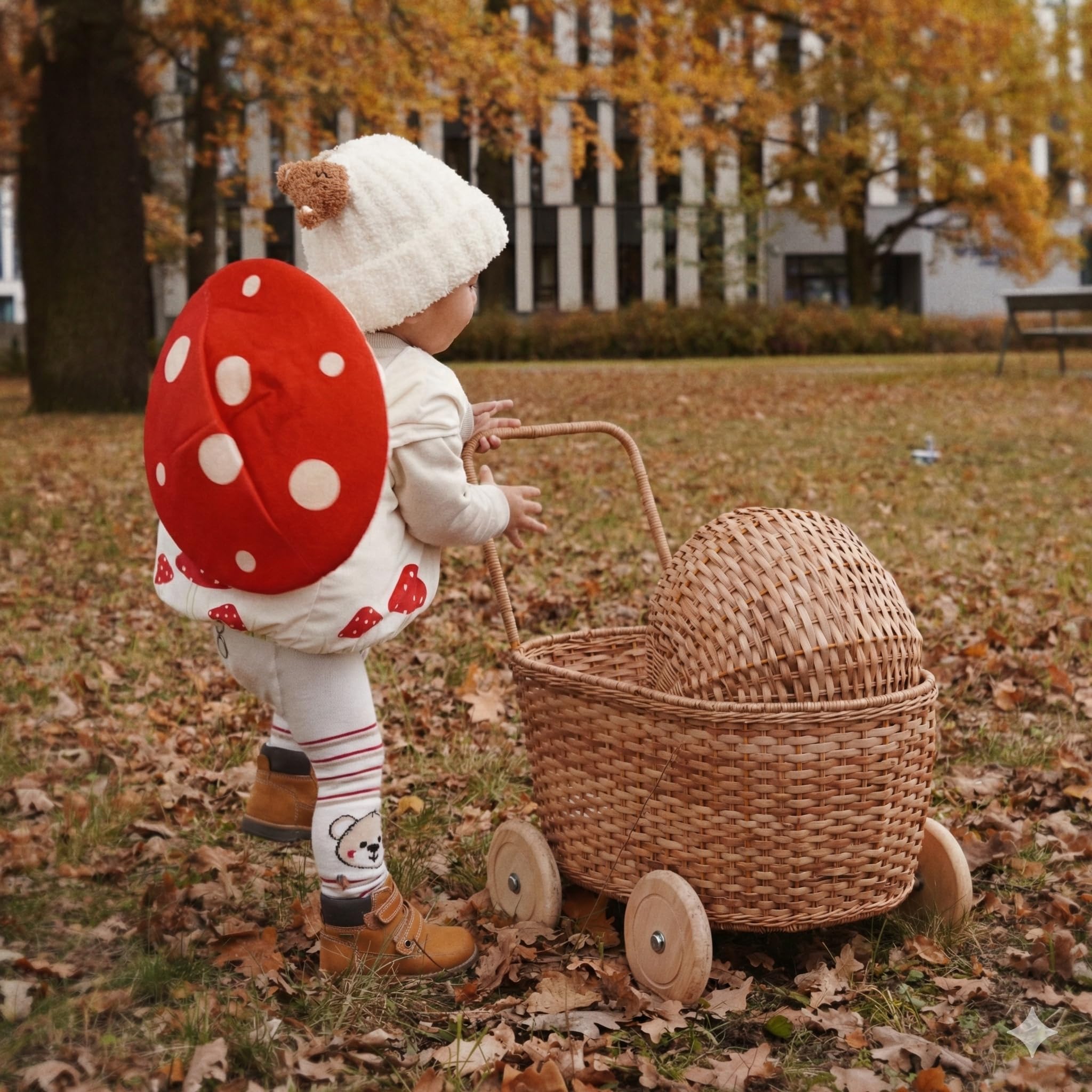 GON Stroller – 3 in 1 Rattan Puppenwagen, Einkaufwagen & Lauflernwagen für Kinder | Handgeflochtener Puppen-Buggy aus Naturmaterialien mit Kissen & Matratze | Holzpuppenwagen ab 1 Jahr - Natural