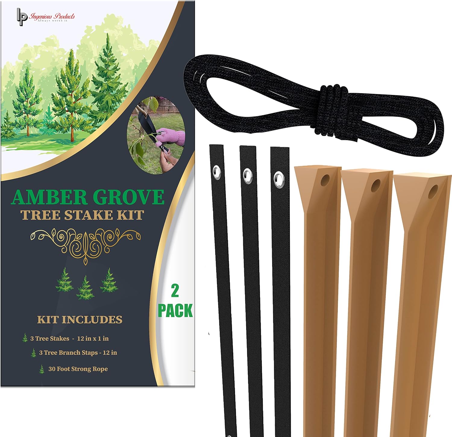 Tree Stakes – Tree Stake Kit 12 Inch Tree Strap, (2 Pack) 30ft Strong Rope – Ensures Straight and Healthy Growth – Protects Against Wind – Generation 2 - Amber Grove