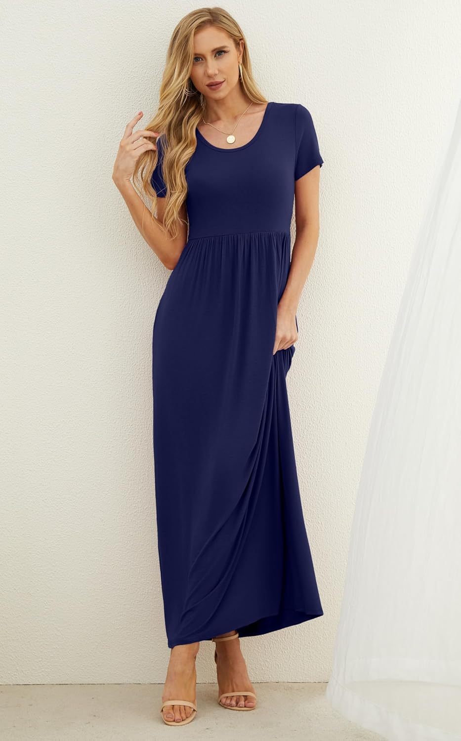 GRECERELLE Women Summer Casual Maxi Long Dress Short Sleeve Crew Neck with Pockets, Size S-3XL - Image 4