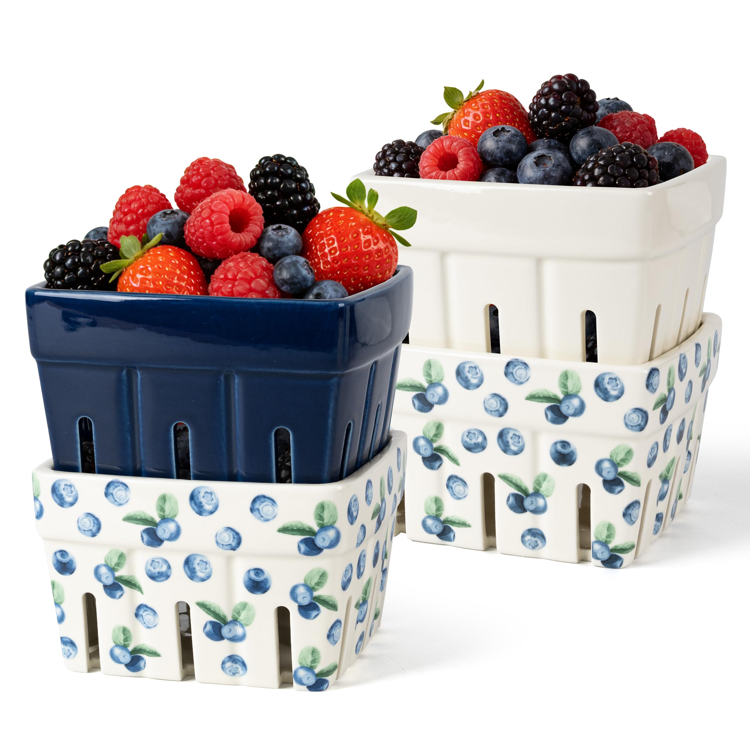 AELS Ceramic Berry Basket, Farmhouse Fruit Bowl Container for Fruit & Vegetables, Farmers Market, Kitchen Decor, Stoneware Harvest Bowls, Set of 4,