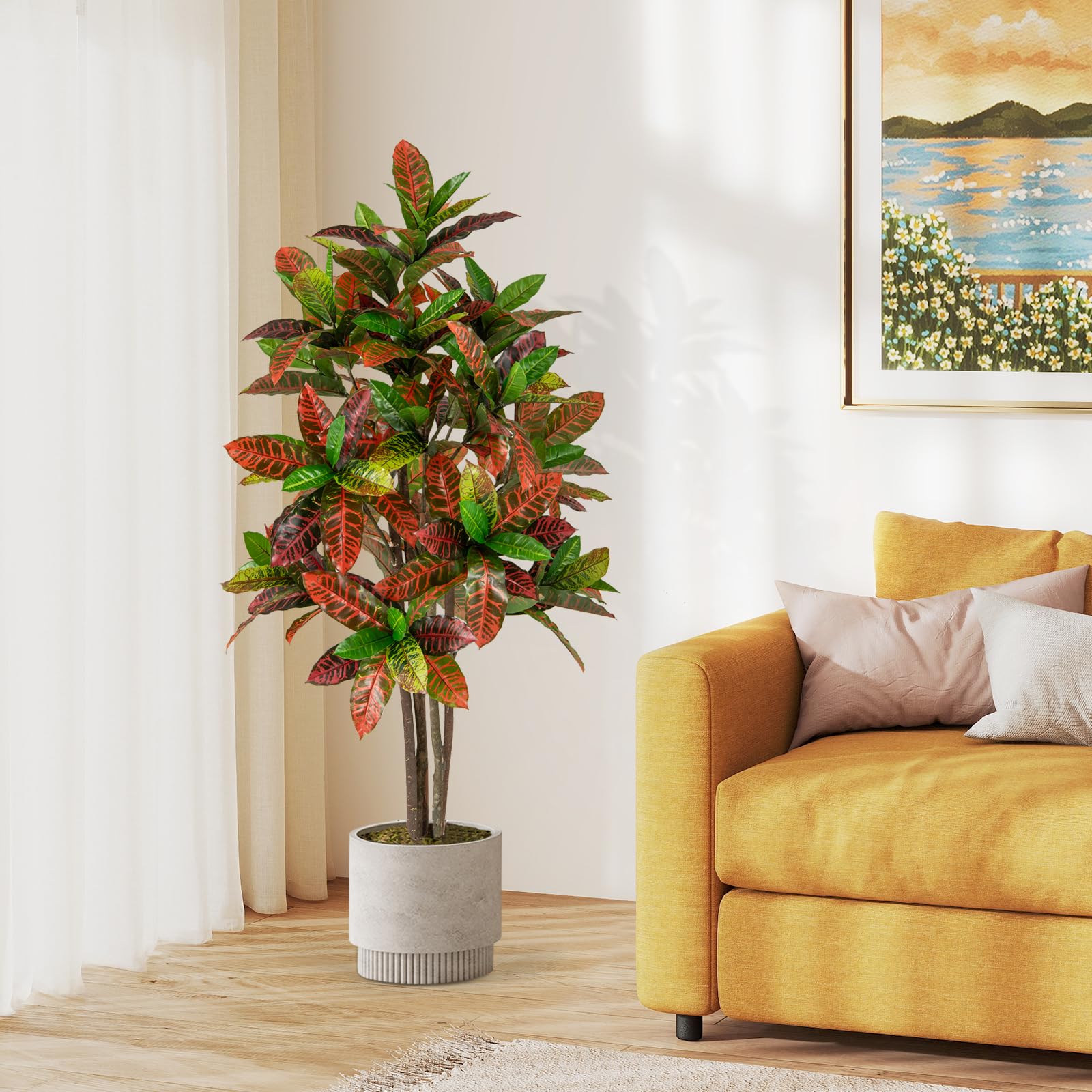 COSTWAY Pianta Finta di Croton 150 cm, Albero Artificiale da Interno ed Esterno, Pianta Tropicale in Vaso con Foglie Sfumate Finte, Ideale per Casa e Ufficio