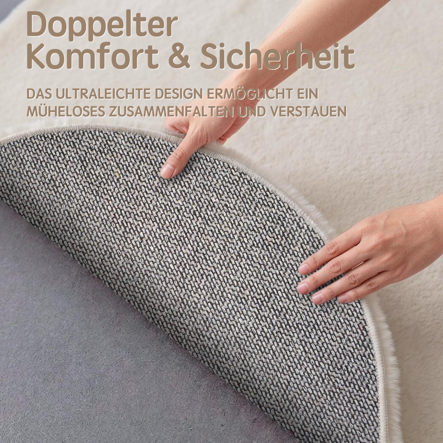 Kunstfell Teppich Kurzflor Wohnzimmer Rund 120 cm Beige Waschbar | Kaninchenfell-Optik | Maschinenwaschbar & rutschfest | OEKO-TEX zertifiziert | Ideal für Sofa, Schlafzimmer & Kinderzimmer