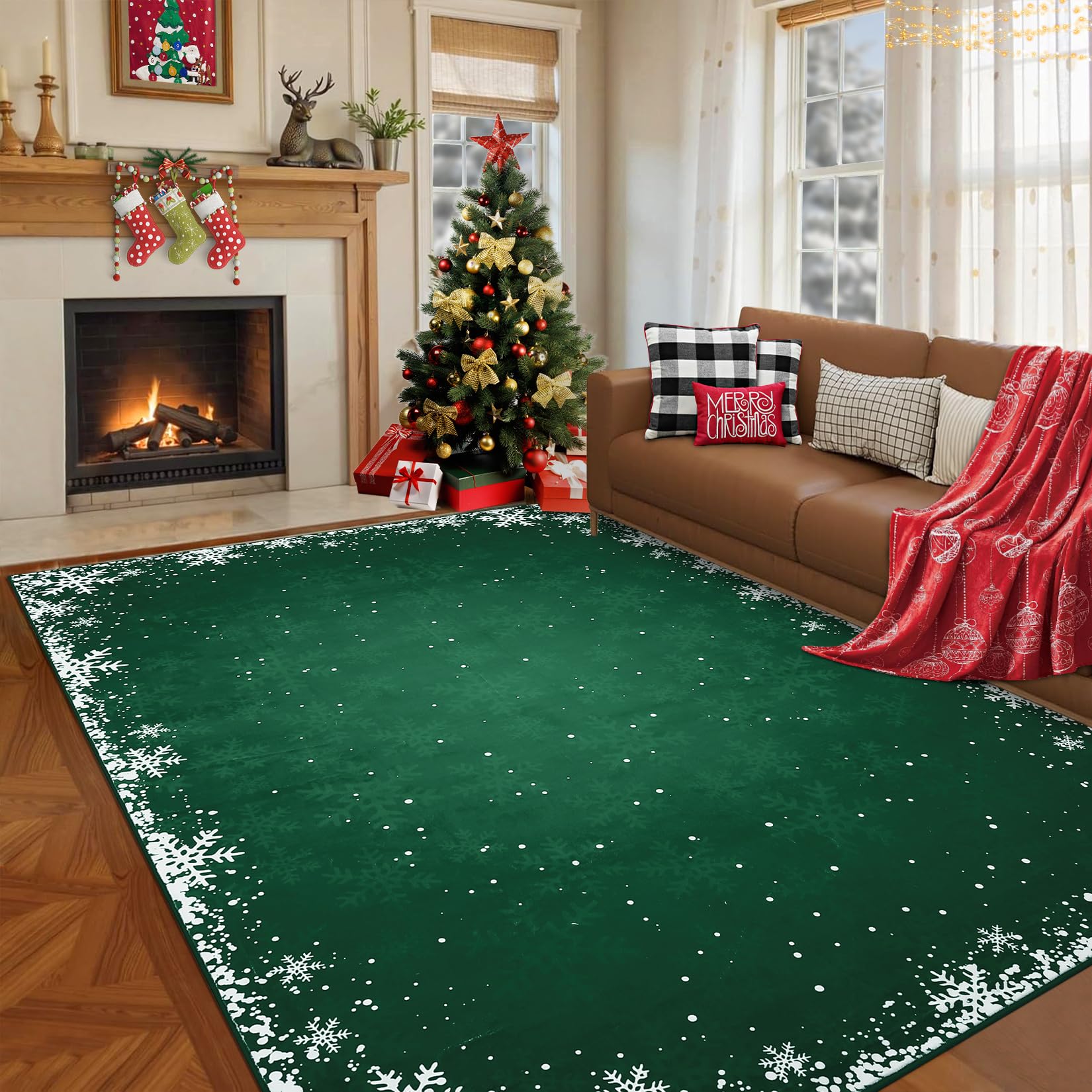 8x10 Living Room Area Rug Christmas Large Bedroom Rugs Non Slip Washable Xmas Decoration Dining Room Throw Carpet Soft Low Pile Snowflakes Rugs for
