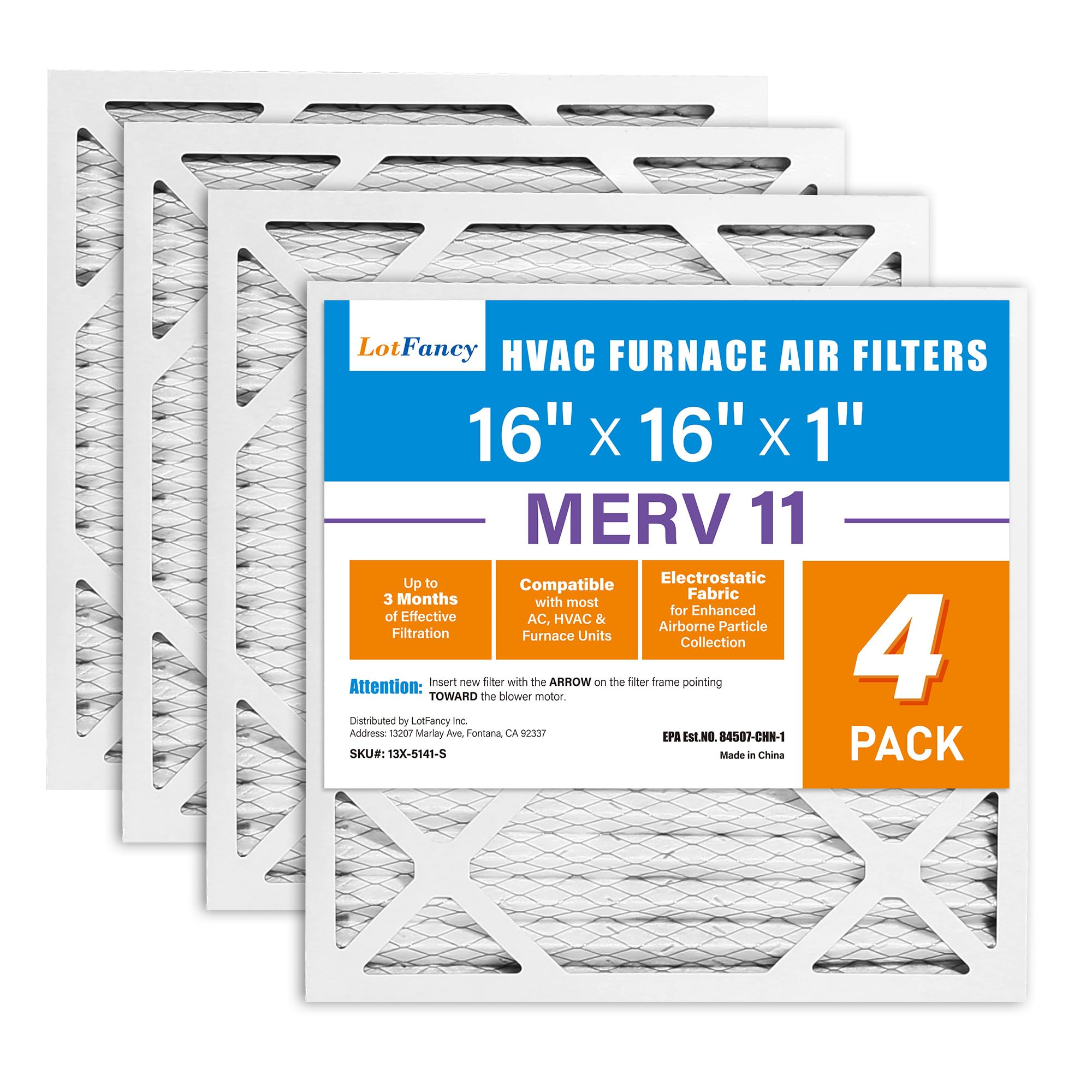 LotFancy 16x16x1 Air Filters, MERV 11 AC Furnace Filters, 4 Pack Pleated Air Conditioner HVAC Filters (Actual Size: 15.75 x 15.75 x 0.75 Inches)