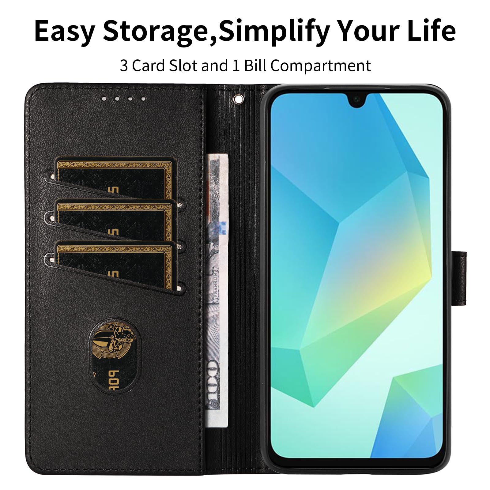 Cover per Samsung Galaxy A17 (5G/4G) / A16 (5G/4G) / A26 5G con Vetro Temperato, Custodia a Libro Portafoglio Flip Case in Pelle PU di Alta Qualità [Protezione Blocco RFID] - Nero
