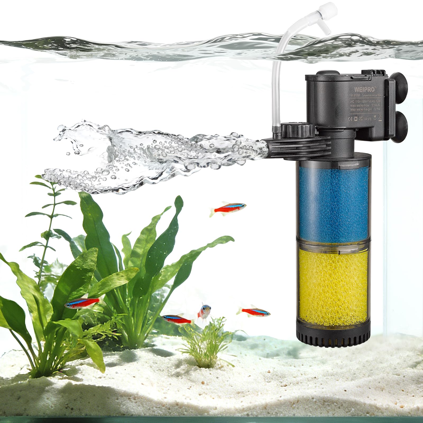 Filtre interne d'aquarium, filtration en éponge biochimique en 2 étapes, débit d'eau réglable de 90 GPH, pompe de filtre submersible pour aquarium d'eau douce et salée de 5 à 78 litres, TH280A (90 GPH