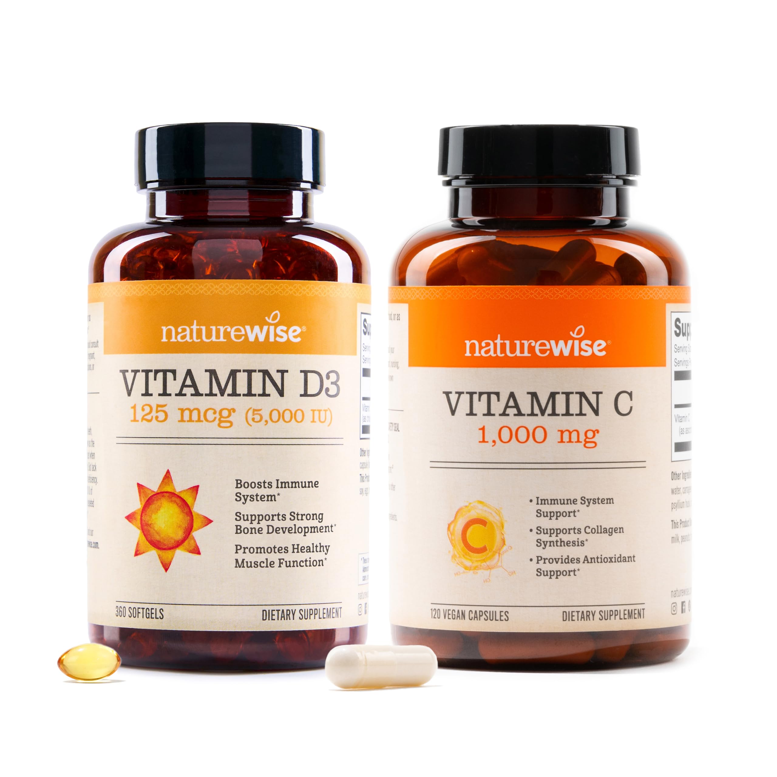 NatureWise Vitamin D3 5000IU (125mg) 360 Count + Vitamin C 1000mg Capsules 120 Count - Bundle for Daily Immune & Heart Health - Gluten Free, Non-GMO, Halal Gela