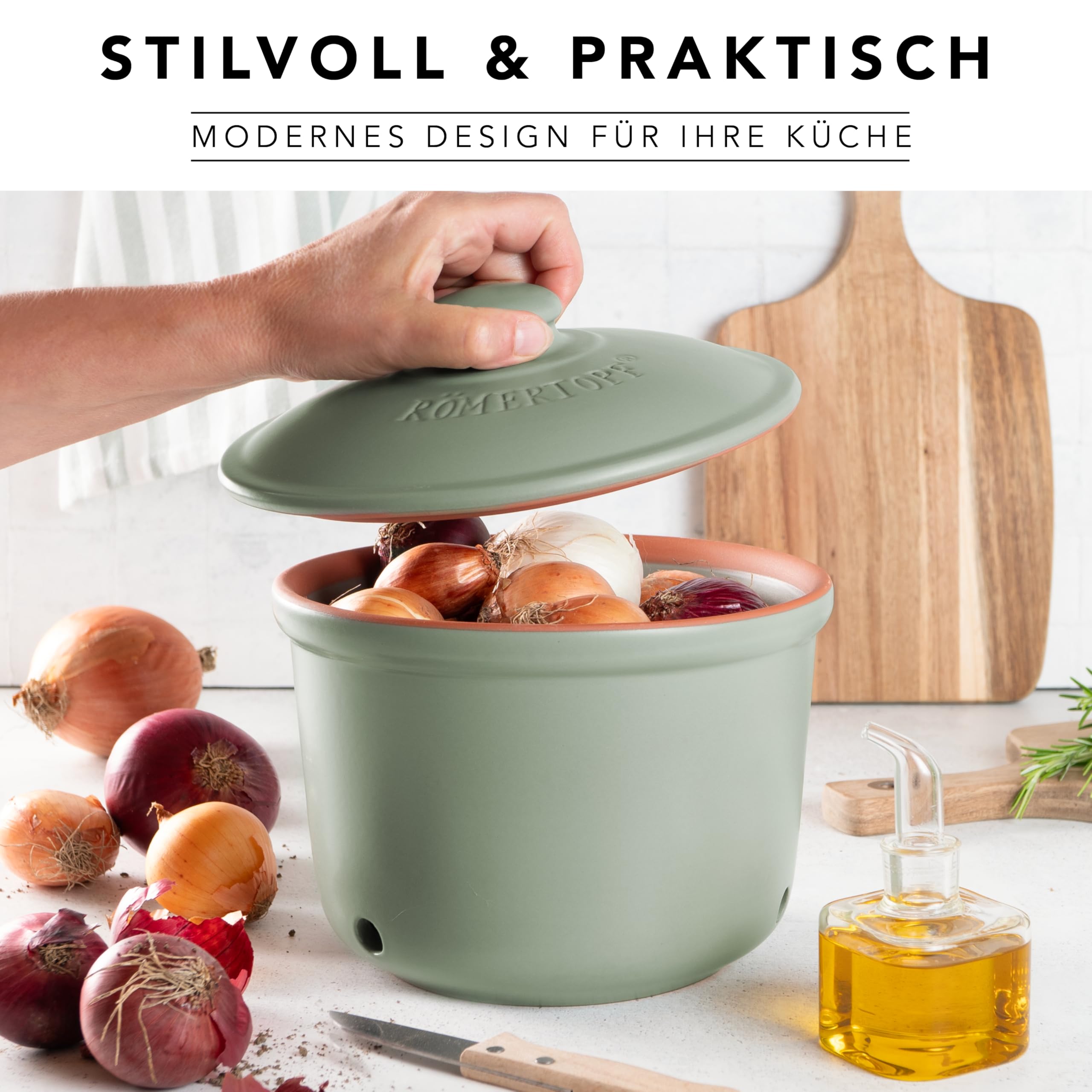 Römertopf MAXI – Olla para cebollas de cerámica, 2,8 L, recipiente transpirable para conservar las cebollas frescas más tiempo, verde