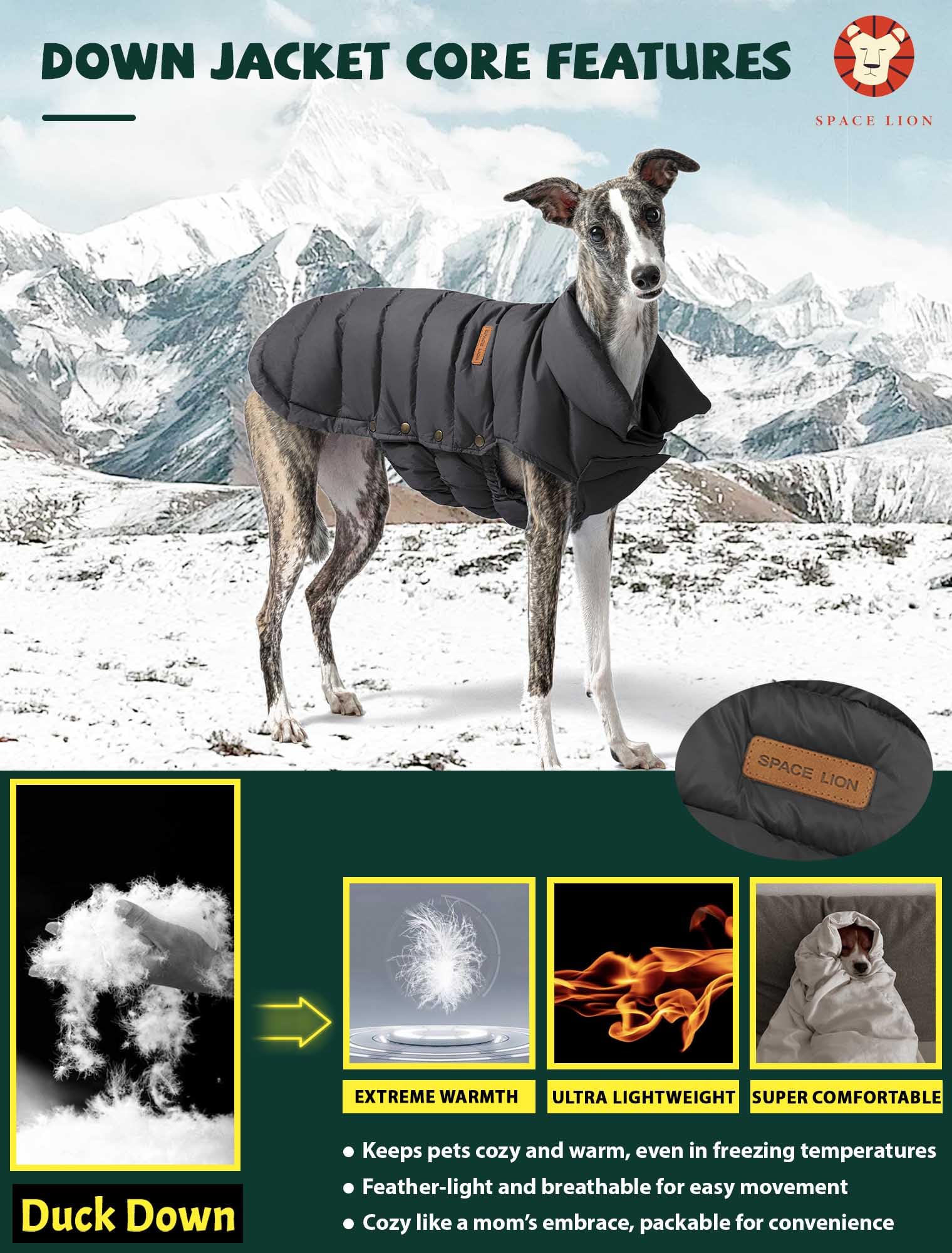 SPACE LION Piumino essenziale per cani, caldo, confortevole, leggero, impermeabile, casual, cappotto invernale per animali domestici (nero, 2XL)