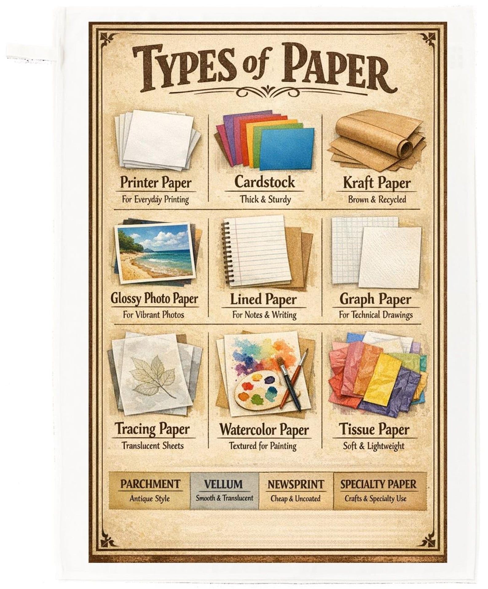 Half a Donkey Illustrated Types of Paper Cotton Tea Towel