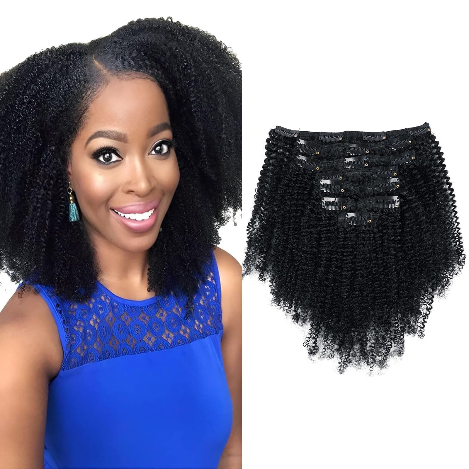 Sassina Afro Coily Clip ins Human Hair Extensions Double Wefts 4B 4C Afro Kinky Coily Clip ins for Black Women Jet Black Clip in Hair Extensions Human
