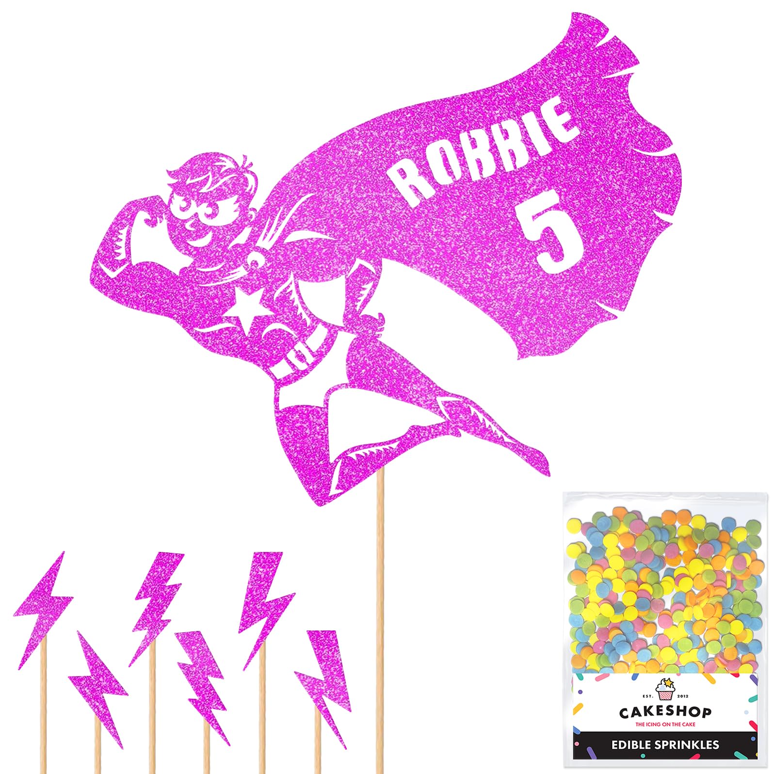Personalised Superhero Comic Glitter Cake Topper- Pink Any Custom Age & Name Glitter Cake Decoration and Sprinkles - Happy Birthday Decorations - Personalised Toppers for Cakes by Cakeshop
