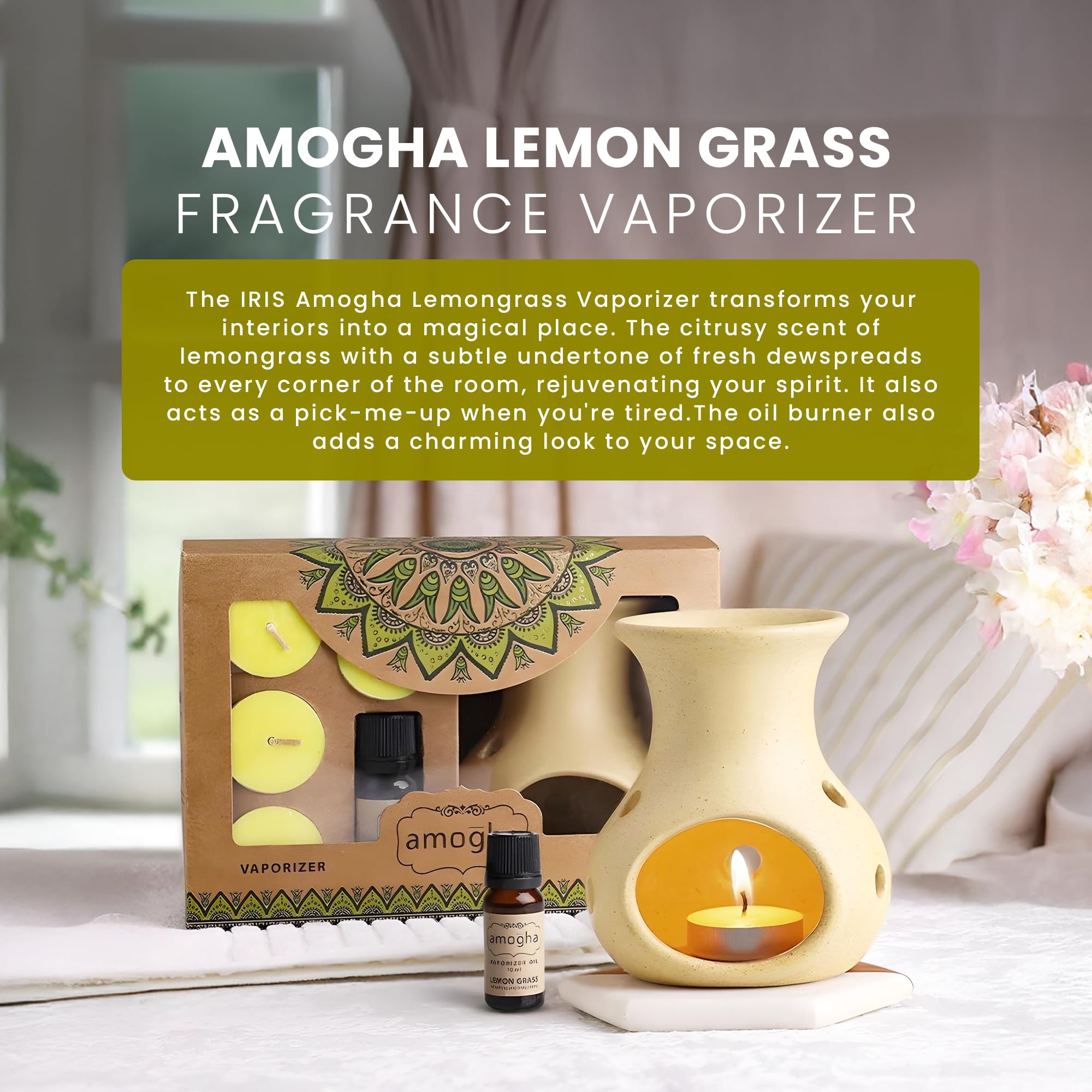 Amogha Ceramic Fragrance Vaporizer with 4 Tealights and 10Ml