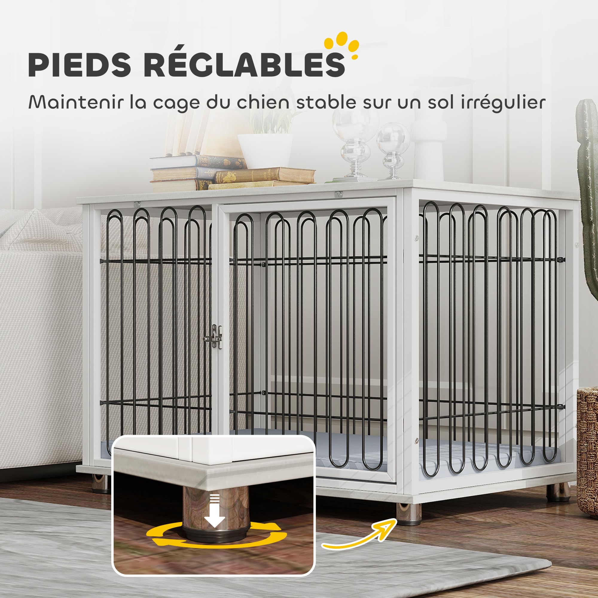PawHut Cage pour Chien, Meuble Cage Chien intérieur avec Coussin, Pieds réglables, Table d'appoint, Fil d'acier Solide, pour Chiens Moyens jusqu'à 20 kg, 90 x 58 x 62,5 cm, Gris