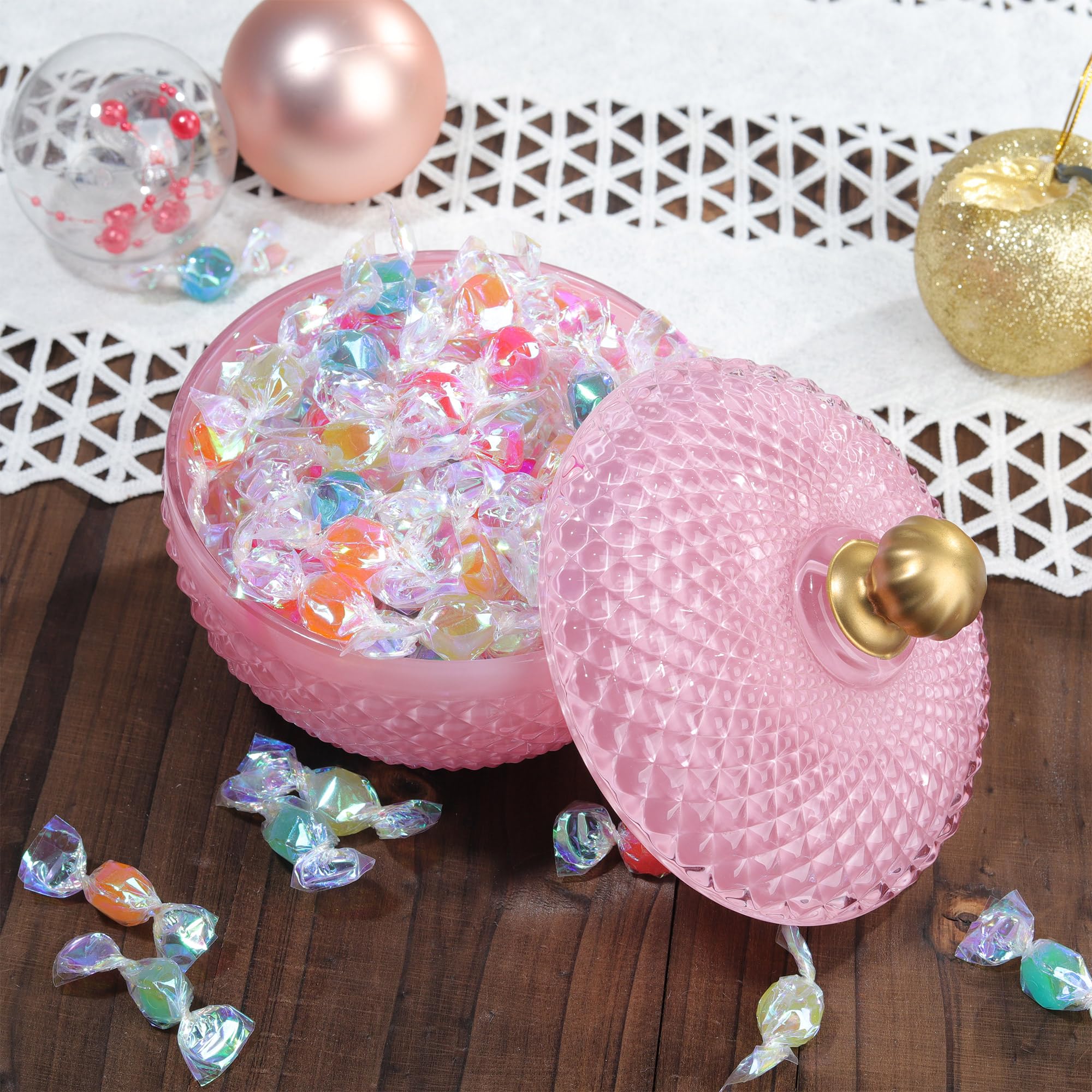 Joeyan Piccoli Barattoli Dolci in Vetro Rosa con Coperchio,Piatti di Caramelle in Vetro Rilievo per Noci,Cioccolato,Biscotti,Barattolo Decorativo per Matrimoni,Buffet Festa,Decorazioni per la Casa