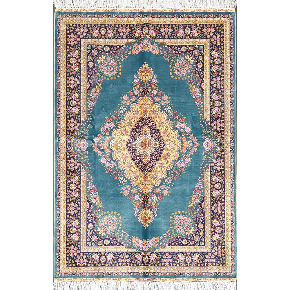 Silk Carpet 4x6 Blue Hand Knotted Vintage Traditional Medallion Oriental Silk Rug for Living Room