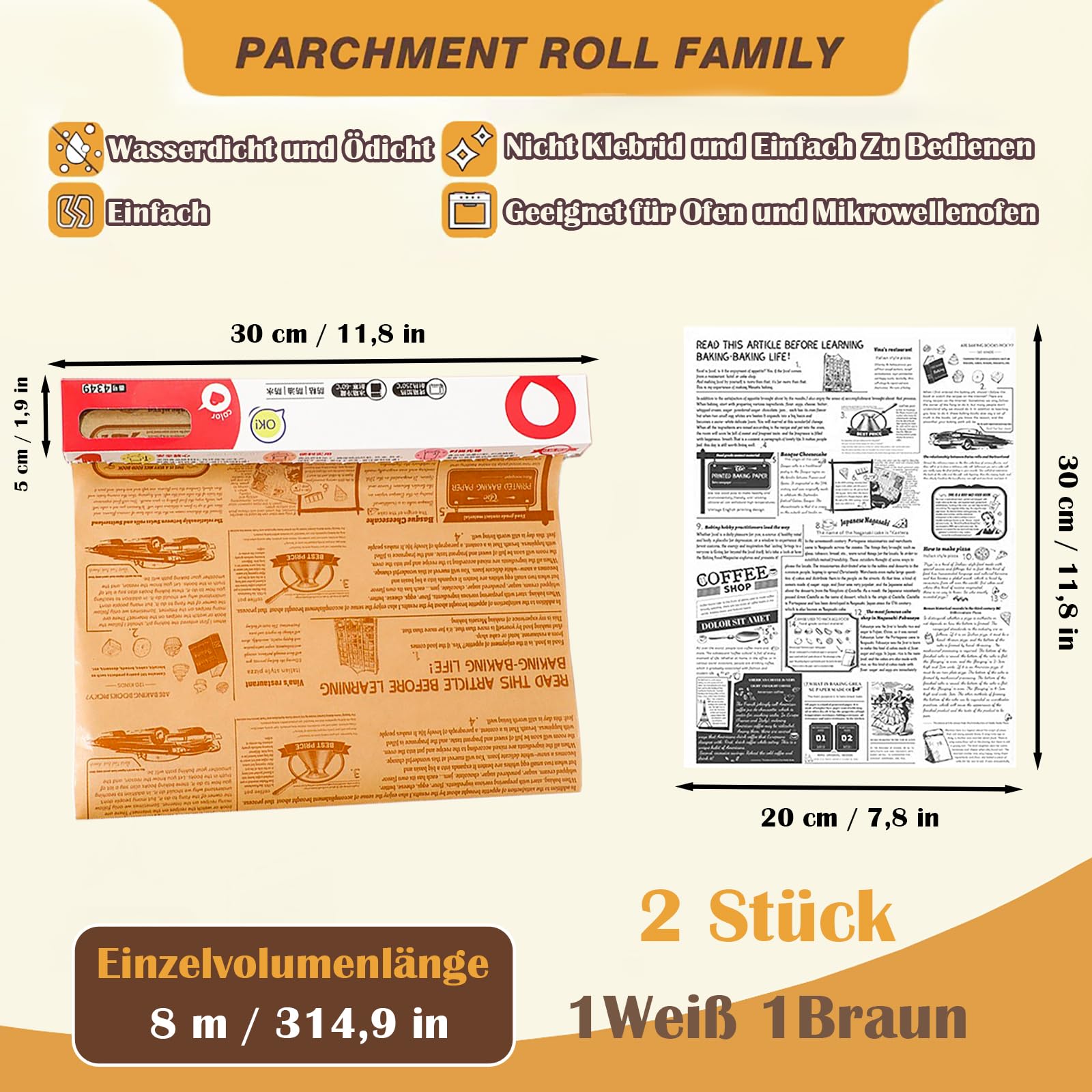 Papier do Pieczenia, Rolka Papieru Kanapkowego, 2 Rolki Papieru Kanapkowego 800 x 30 cm, Nieprzylepny Papier do Pieczenia, Papier do Hamburgerów na Grilla, Kanapki i Frytki, Biały, Brązowy