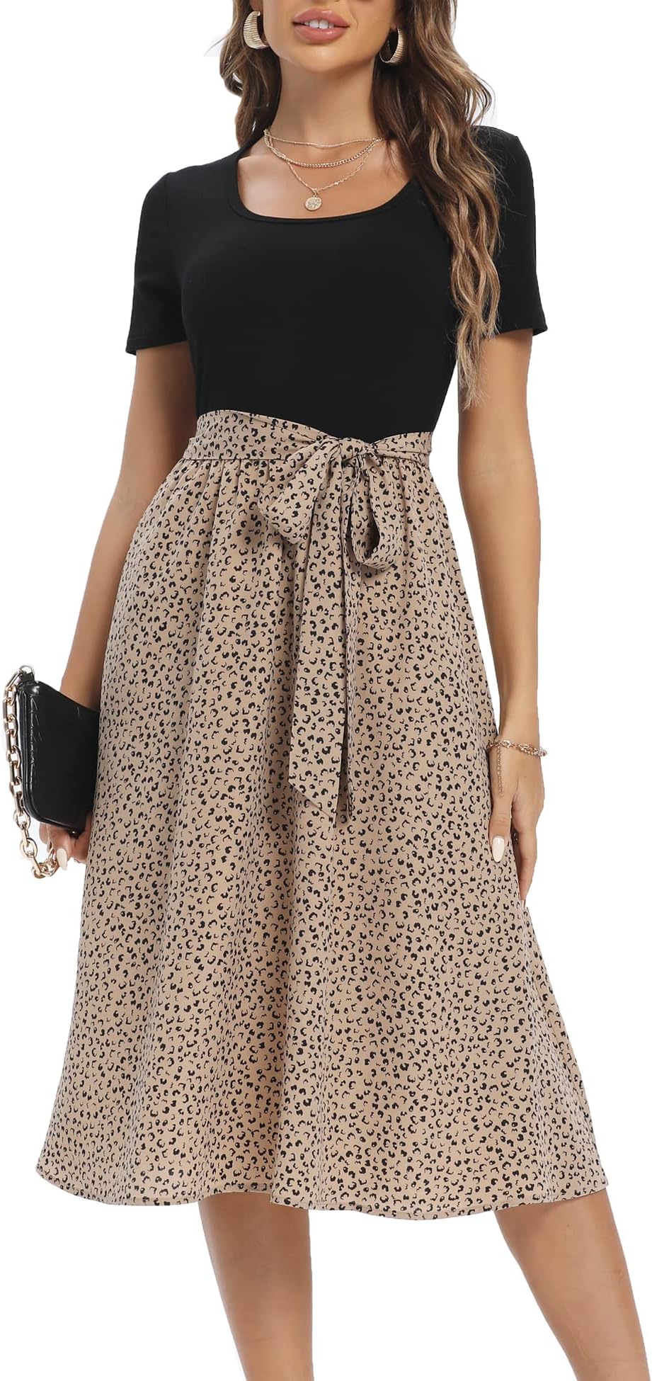 Aeuui Summer Dresses for Women 2024 Short Sleeve Elastic Waist Modest Casual Dresses Ribbed Floral Work Midi Dress with Pockets