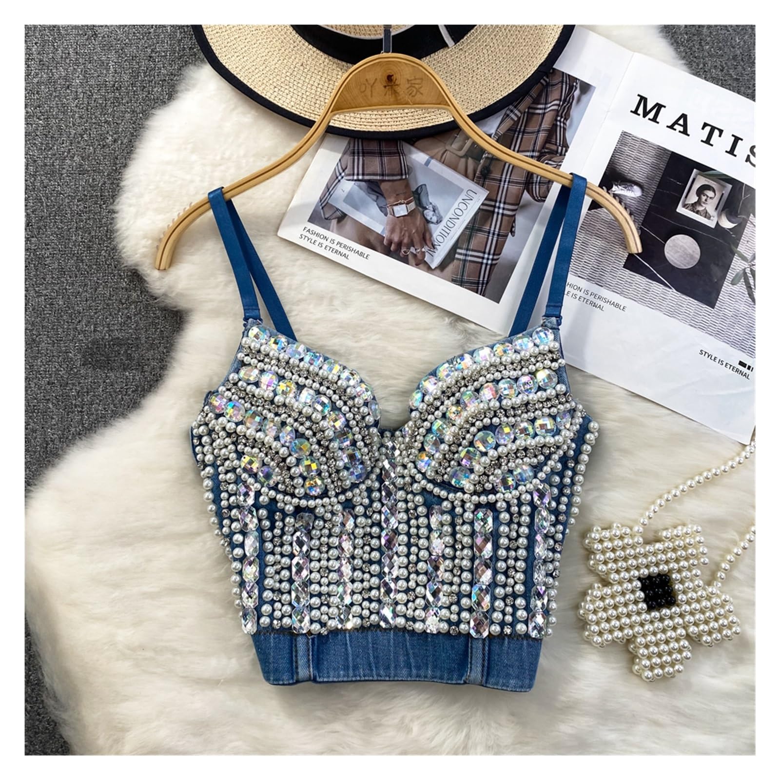Top Brillantinato Donna Donna Estate Denim Canotta Corsetto Top Costruito in Reggiseno Cristallo Diamanti Perla Jeans di Lusso High Street Club Festa