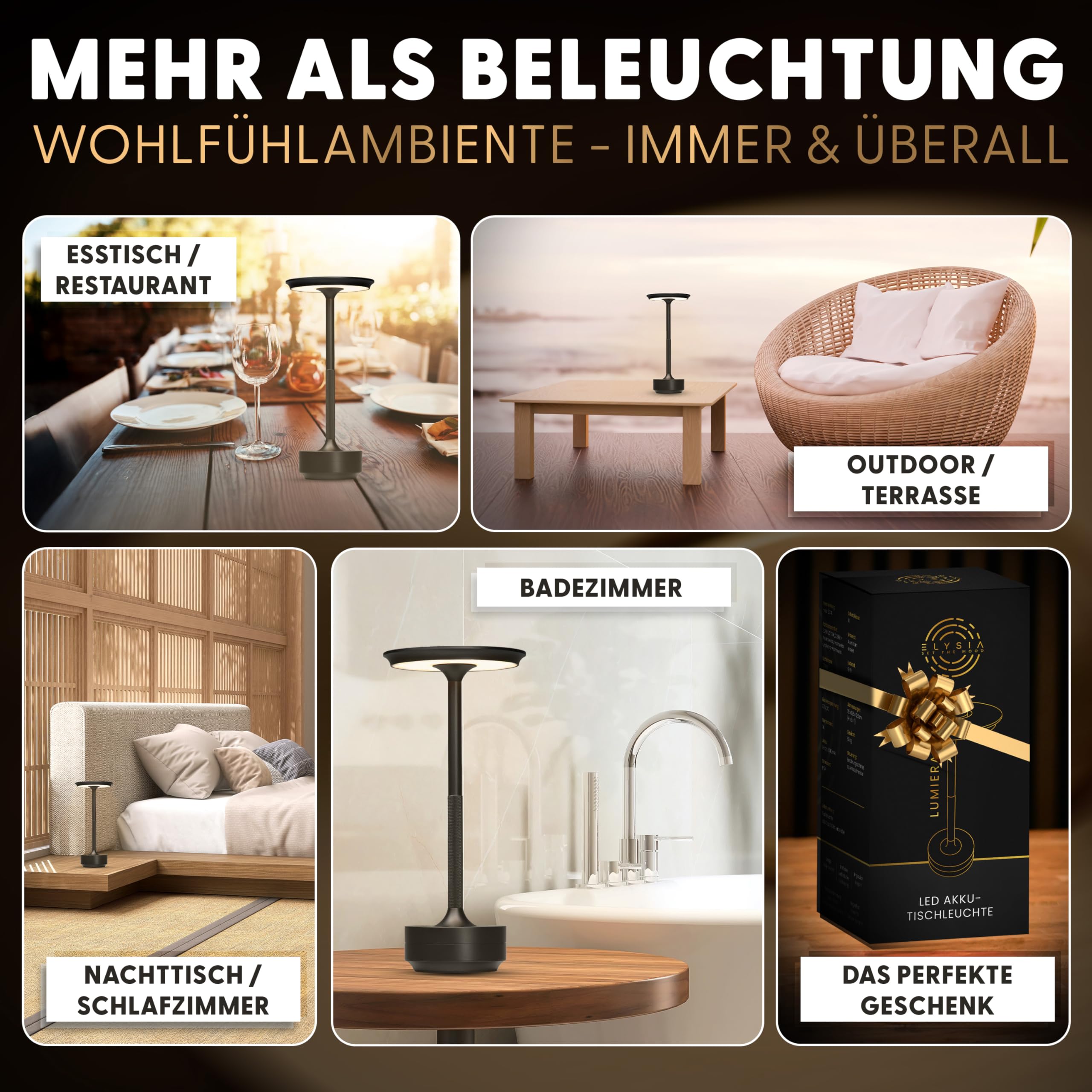 ELYSIA LED Akku-Tischleuchte Dimmbare Tischlampe Kabellos mit Touch für Innen & Outdoor [IP54], (extra-) Warmweiß [2200K-2700K-3200K], USB-C, Wieder-Aufladbare Nachttischlampe, Aluminium, Schwarz