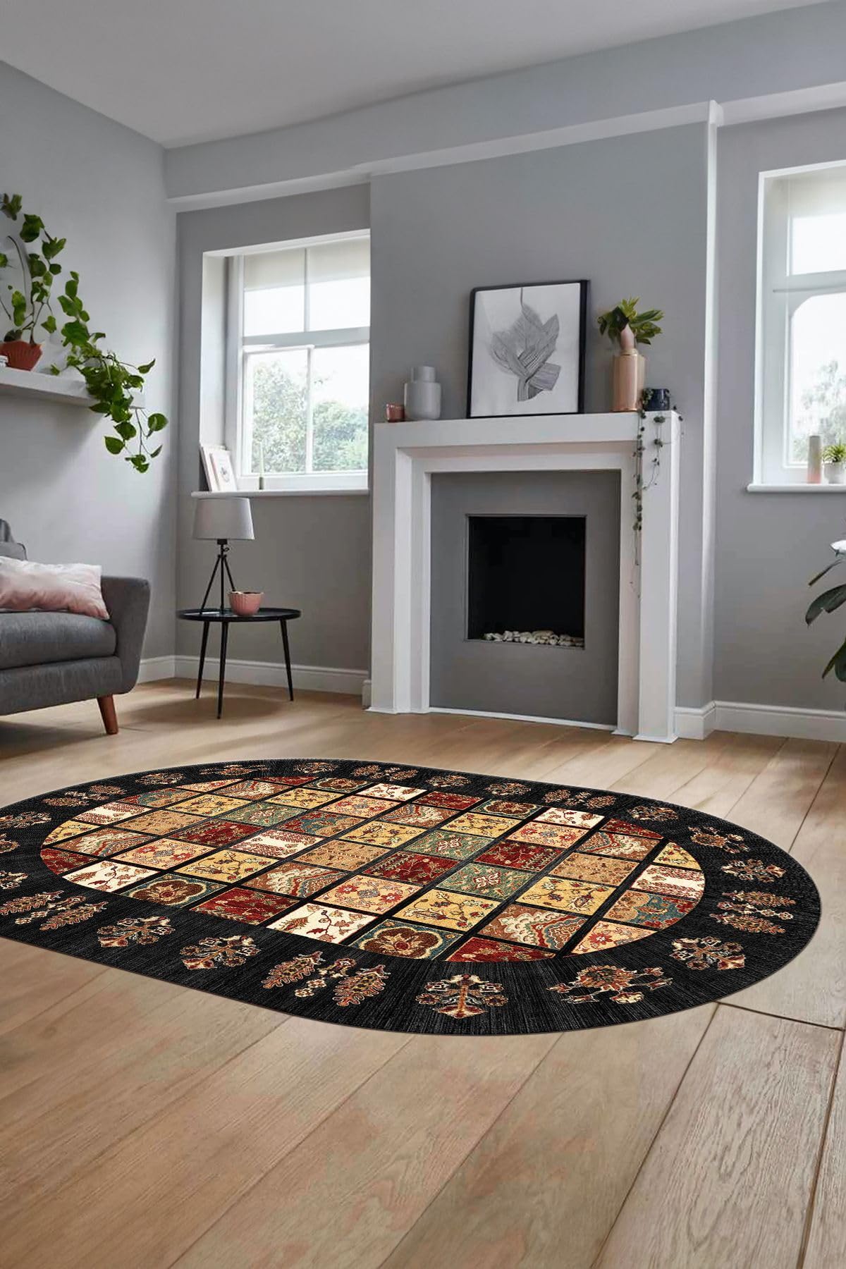 Evdeya Yeni Etnik Desen Kaymaz Taban Yıkanabilir Oval Yolluk Mutfak Salon Koridor Halısı O-ETNİK-18, Antrasit, 160 x 250