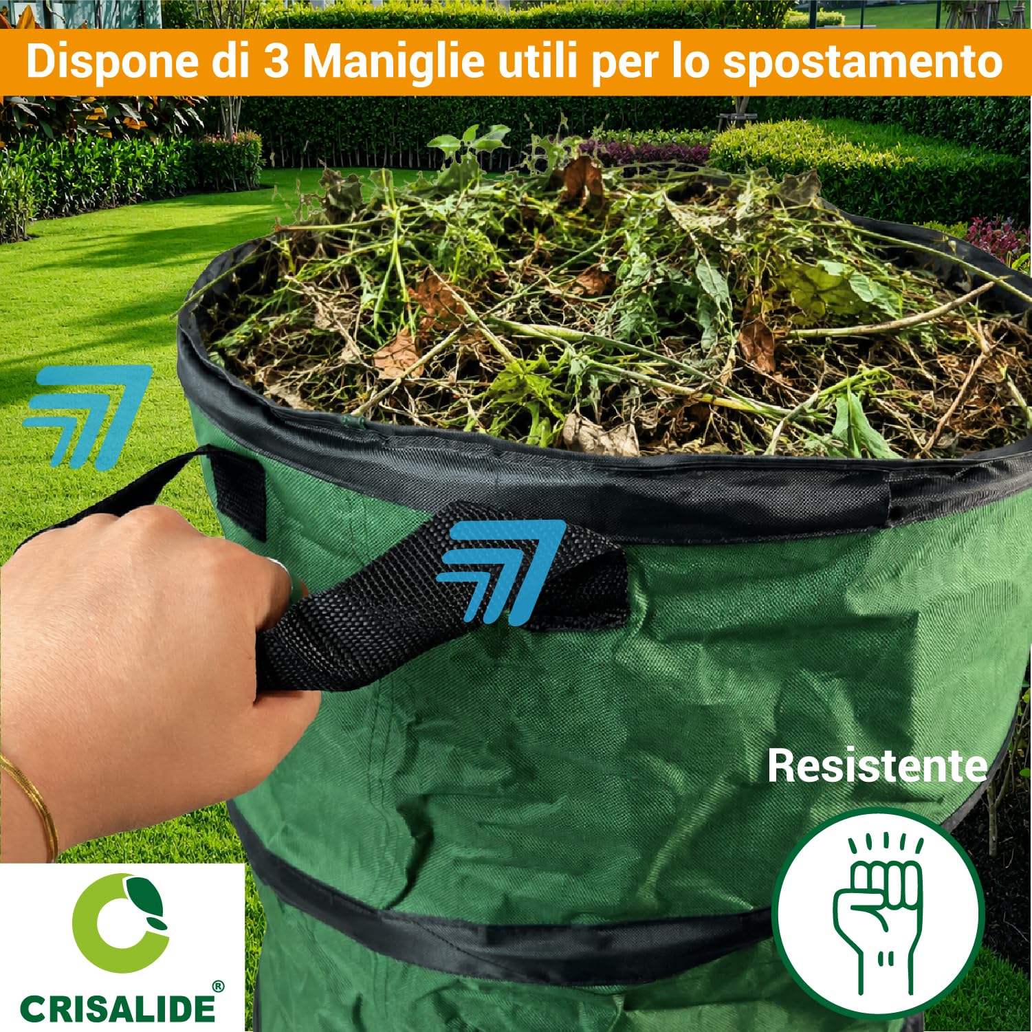 Crisalide® Kit de limpieza de jardín con saco recogedor de hojas de 80 l, rastrillo de 22 dientes ajustable con mango de 150 cm y guantes, juego para hojas, hierba, poda y residuos de exterior