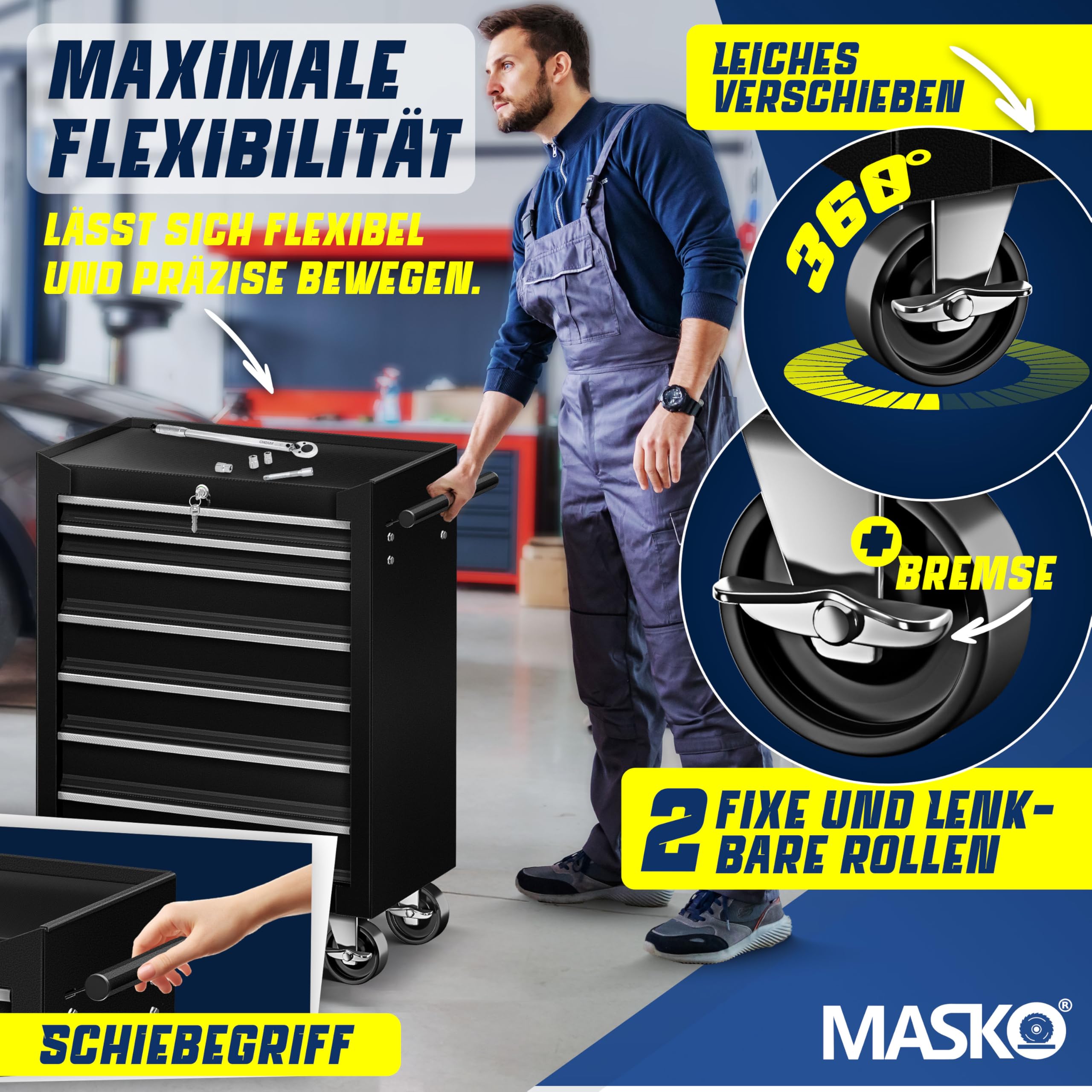 MASKO® carro de taller – 7 cajones, color negro, con cerradura, metal macizo, móvil sin herramientas, profesional de taller sin equipamiento, carrito con ruedas