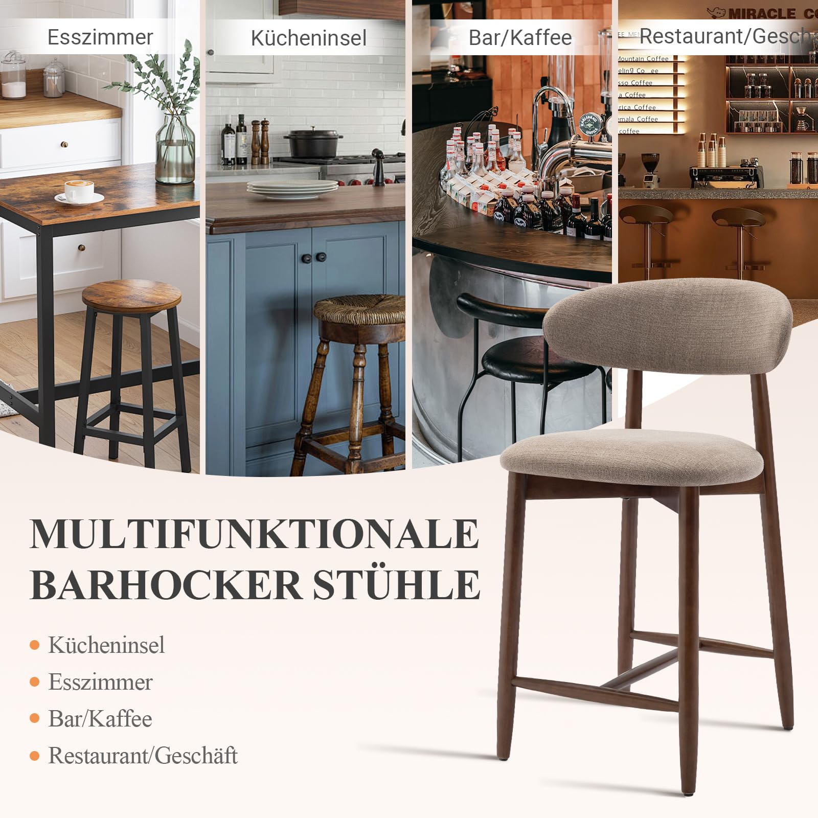 COLAMY Barhocker 2er Set, Bar Hocker mit Lehne, Küchenstühle mit Rückenlehne, Barstuhle mit Holzbeinen für Küche, Bar, Esszimmer, Büro, Kamel