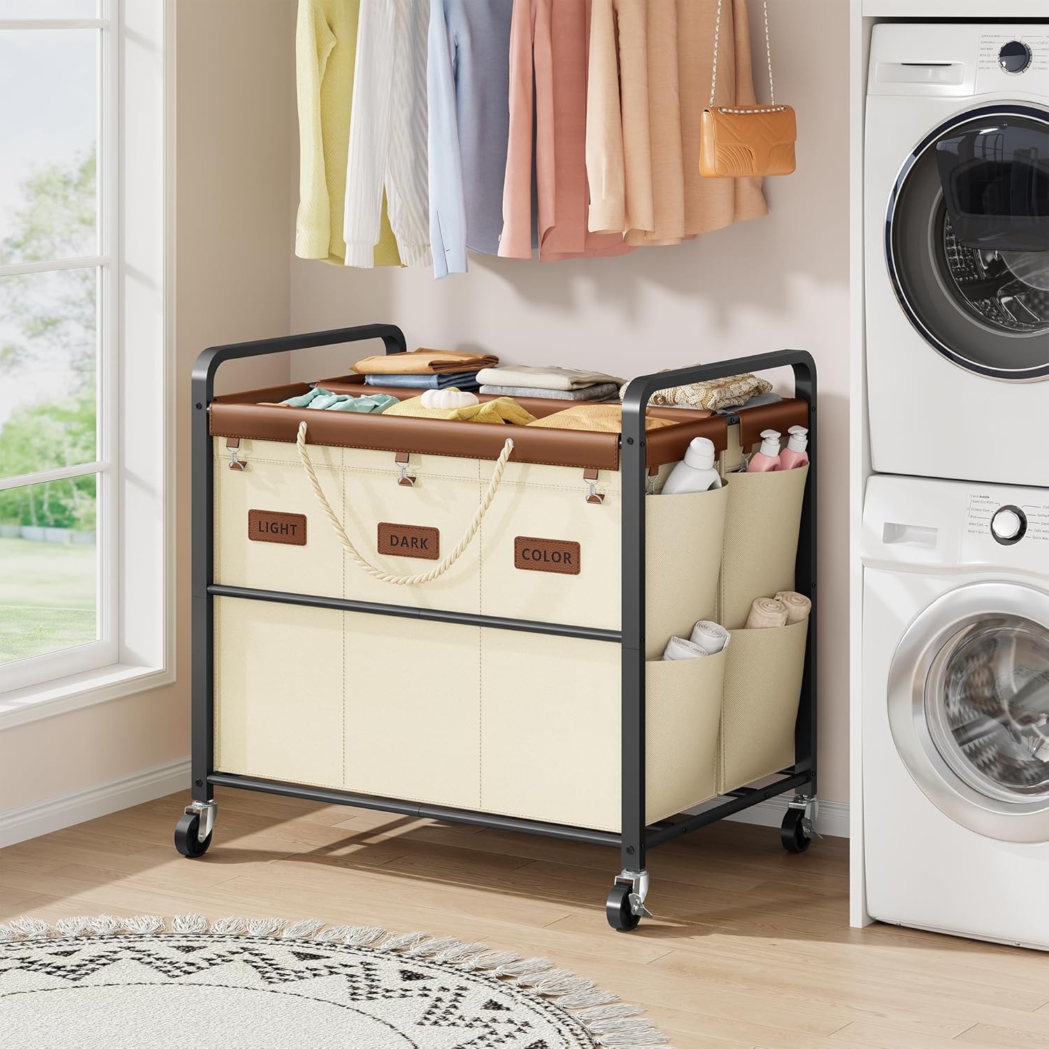 Tajsoon 350L Extra Large Laundry Hamper 6 Section, Heavy Duty Laundry Cart with Wheels, Commercial Laundry Sorter with Sturdy Metal Frame, Removable Bags & Leather Patchwork, Beige