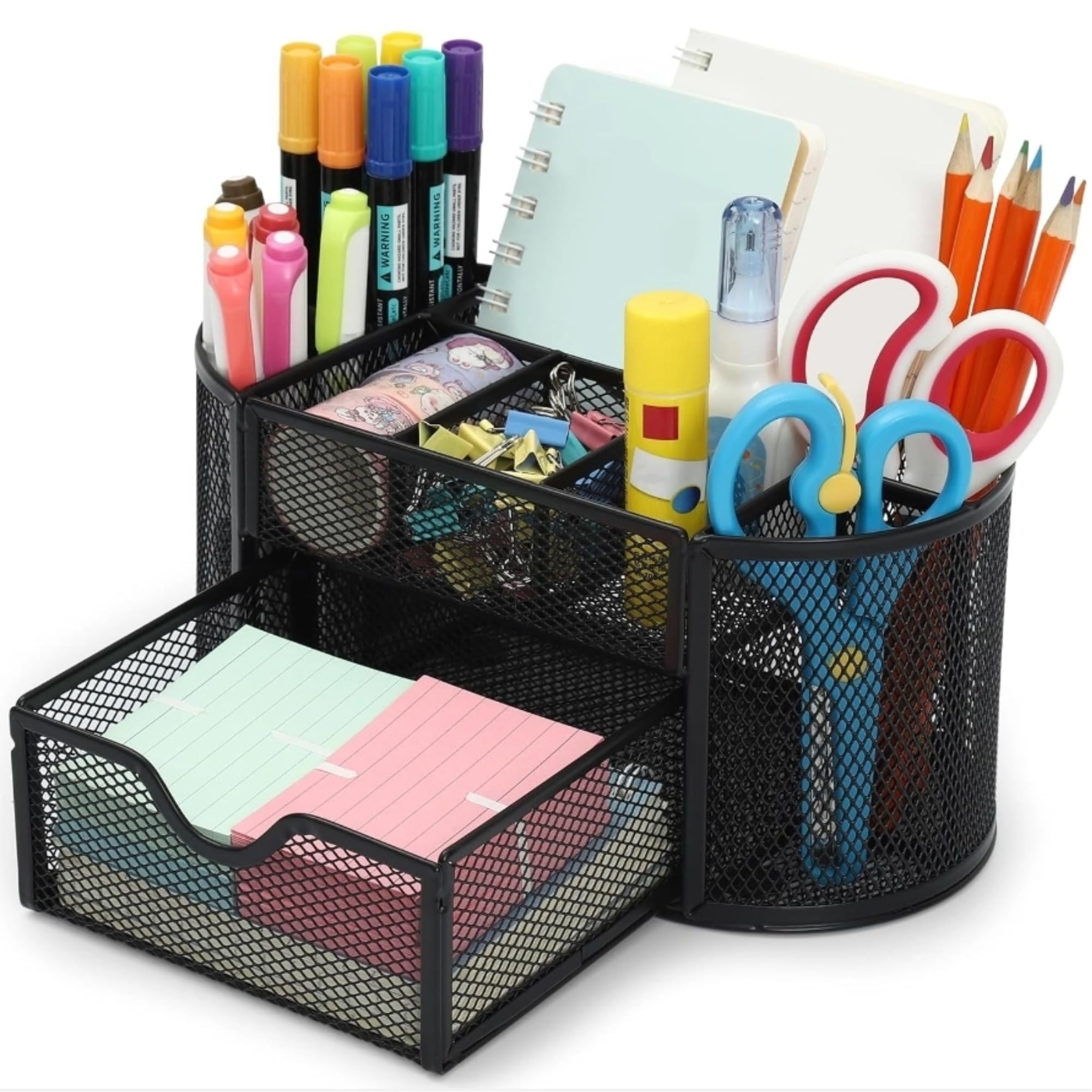 Chumix Organizer Scrivania, Porta Penne per Scrivania, Portapenne da Scrivania in Rete Metallica, Desk Organizer con Cassetto e Porta Penne, per Casa, Scuola, Uffici (Nero)