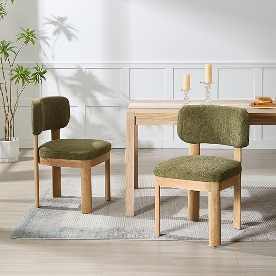 Wahson Green Upholstered Dining Chairs Set of 2, Mid Century Modern Fabric Dining Room Chairs with Hardwood Legs and Padded Back, Farmhouse Kitchen Chair Cozy Accent Chair