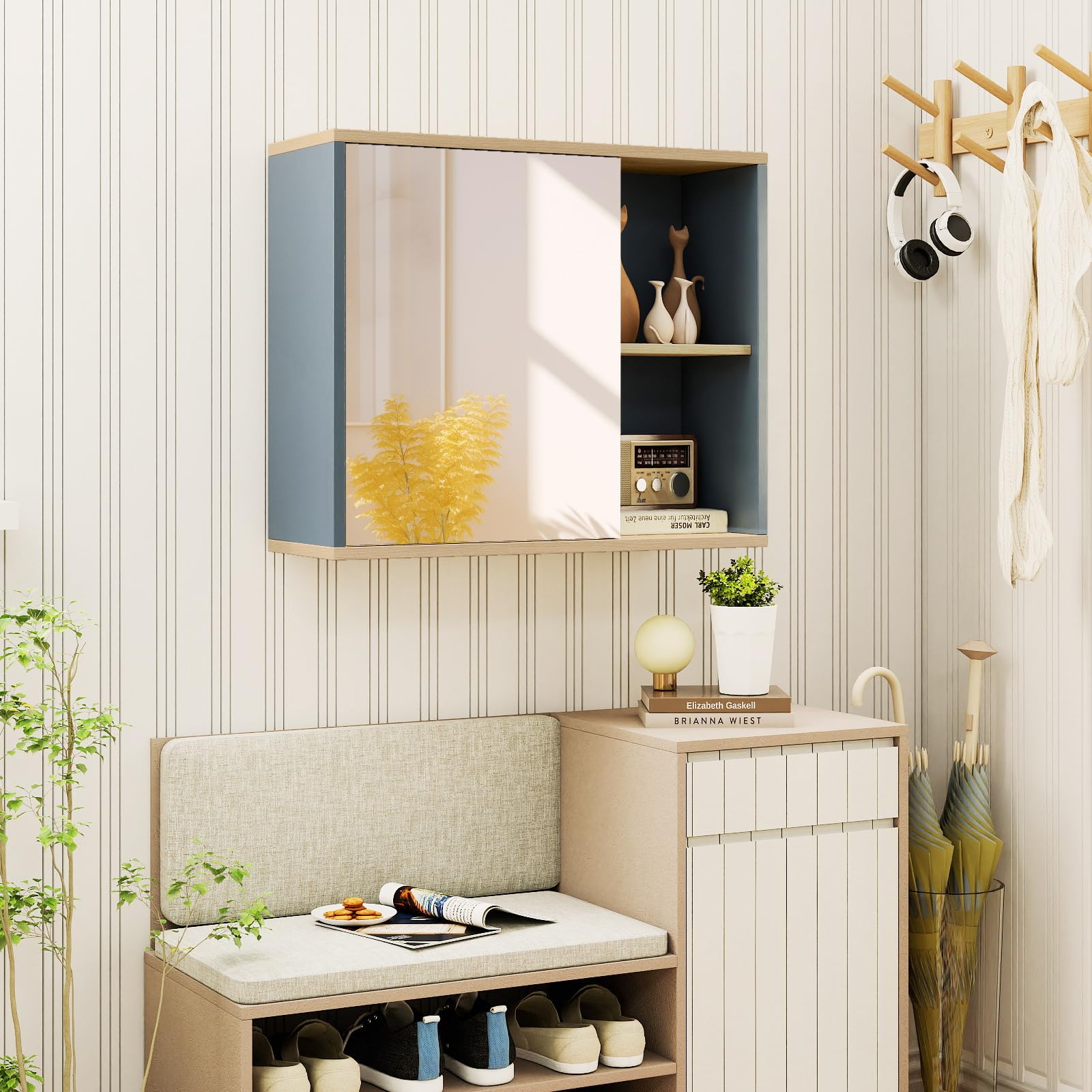 COSTWAY Szafka łazienkowa z lustrem, regulowana półka i 2 otwarte półki, szafka łazienkowa z lustrem, wisząca szafka łazienkowa, drewniana, 60 x 20 x 50 cm, szara