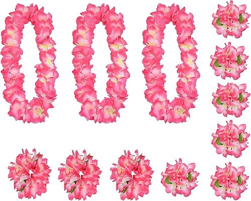 12 piezas de leis hawaianos rosa para fiesta de graduación, fiesta de baile, accesorio de fotos al aire libre (12)