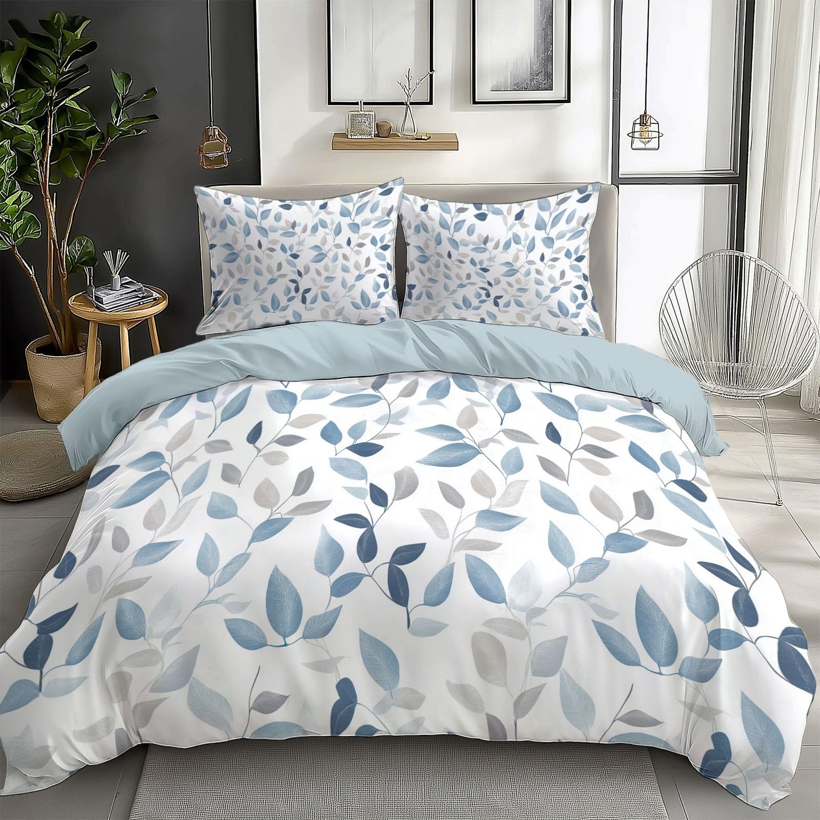 White Bedding Duvet Cover Oversized King Size Blue Leaves, Super Soft Duvet Cover Set Lightweight Soft Hypoallergenic Reversible Bedding for Adult Teen