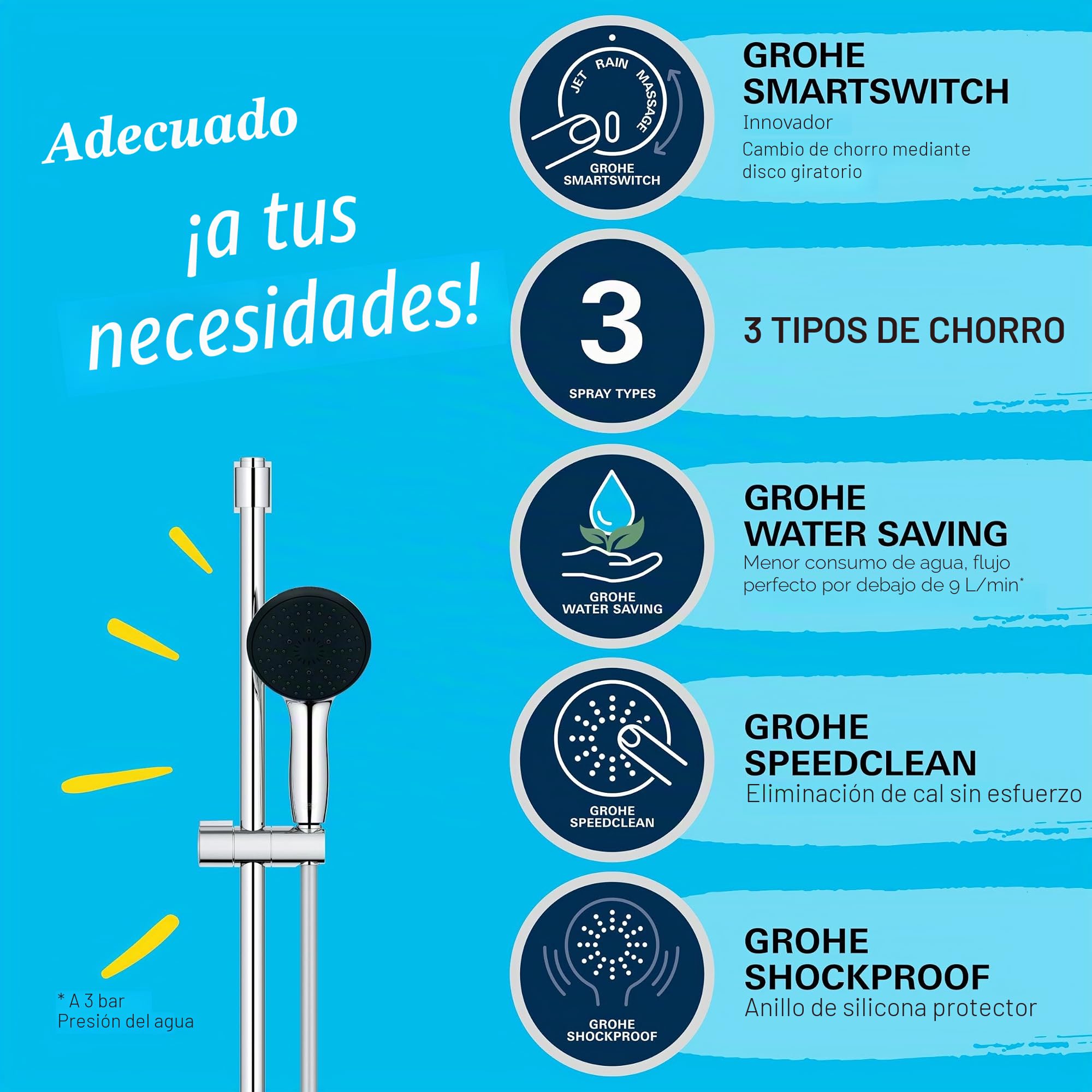 GROHE Juego de barra de ducha Vitalio Start 110 (ahorro de agua, 3 tipos de chorro, duradero, encolar o taladrar), Cromo, 26032001