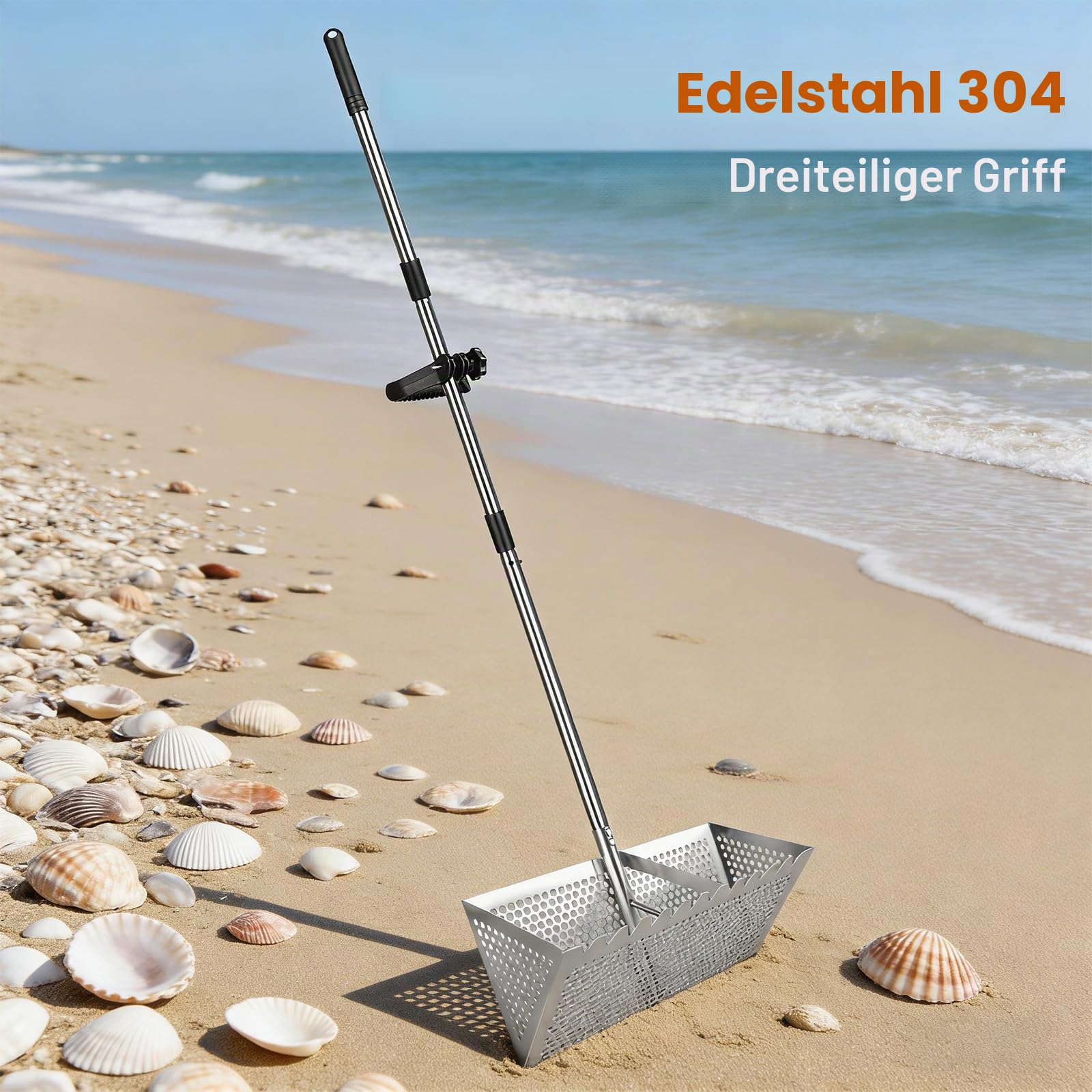 Edelstahl Strand Sandsieb, Strand Sandschaufel mit Muschelkorb, 133cm Einstellbar Sandschaufel Dreiteiliger Griff- 20×40 cm Korb, Sandschaufel Grabwerkzeuge (silber)