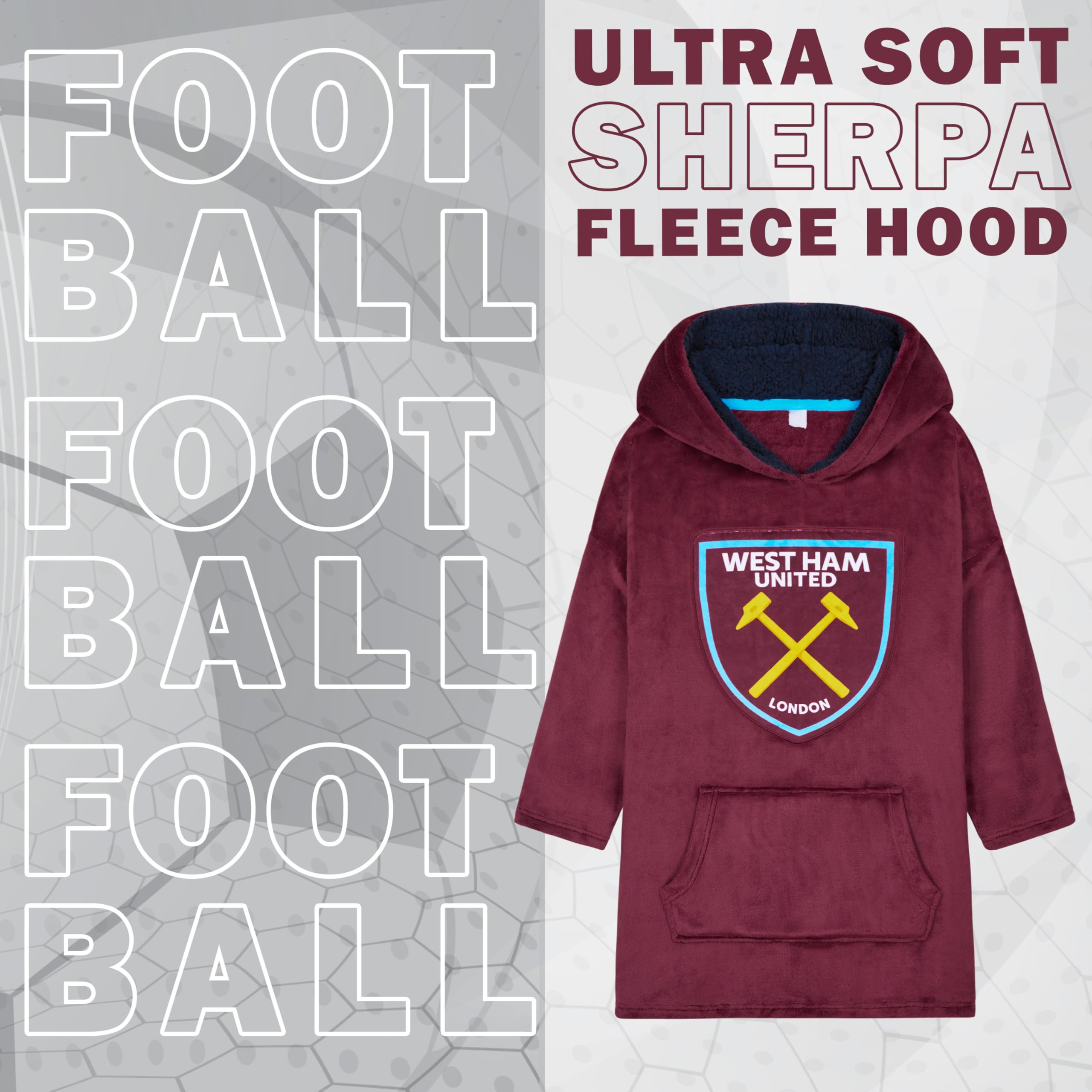 West Ham United F.C. Boys Oversized Fleece Poncho with Hood, West Ham Gifts for Boys Burgundy - Image 3