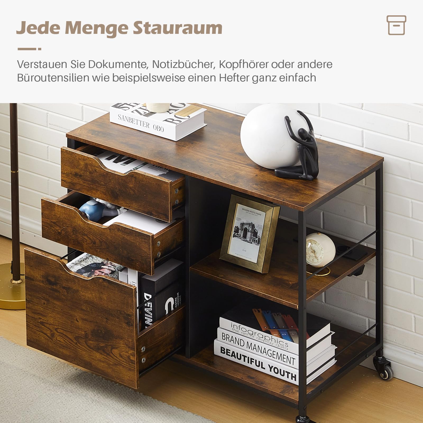 TUKAILAi Caisson de Bureau à Tiroir Verrouillable avec Ports USB et Prise, Petit Meuble de Rangement à roulettes et Compartiment Ouvert, Dossier de Format A4 ou Lettre 75 * 40 * 65.5cm (Marron)