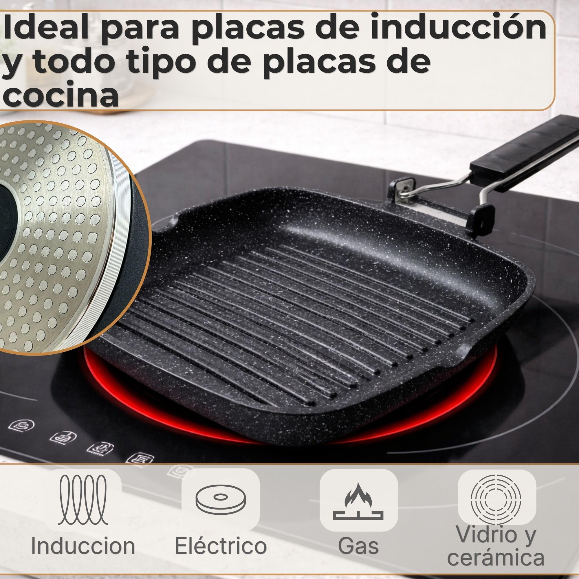 NAMAI - Sarten Grill Para Induccion 35 CM x 24 CM, Revestimiento Antiadherente, Aluminio Fundido a Presión, Apto Para el Lavavajillas, Asa Plegable que Ahorra Espacio (35 x 24 CM)